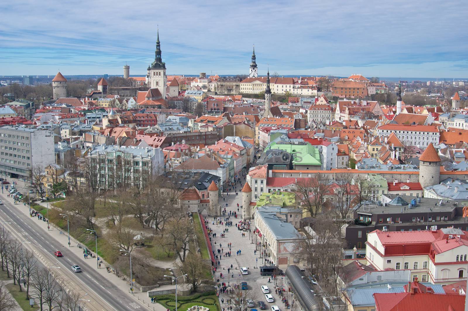 Aerial view of old city of Tallinn and the beginning of Viru street, Estonia