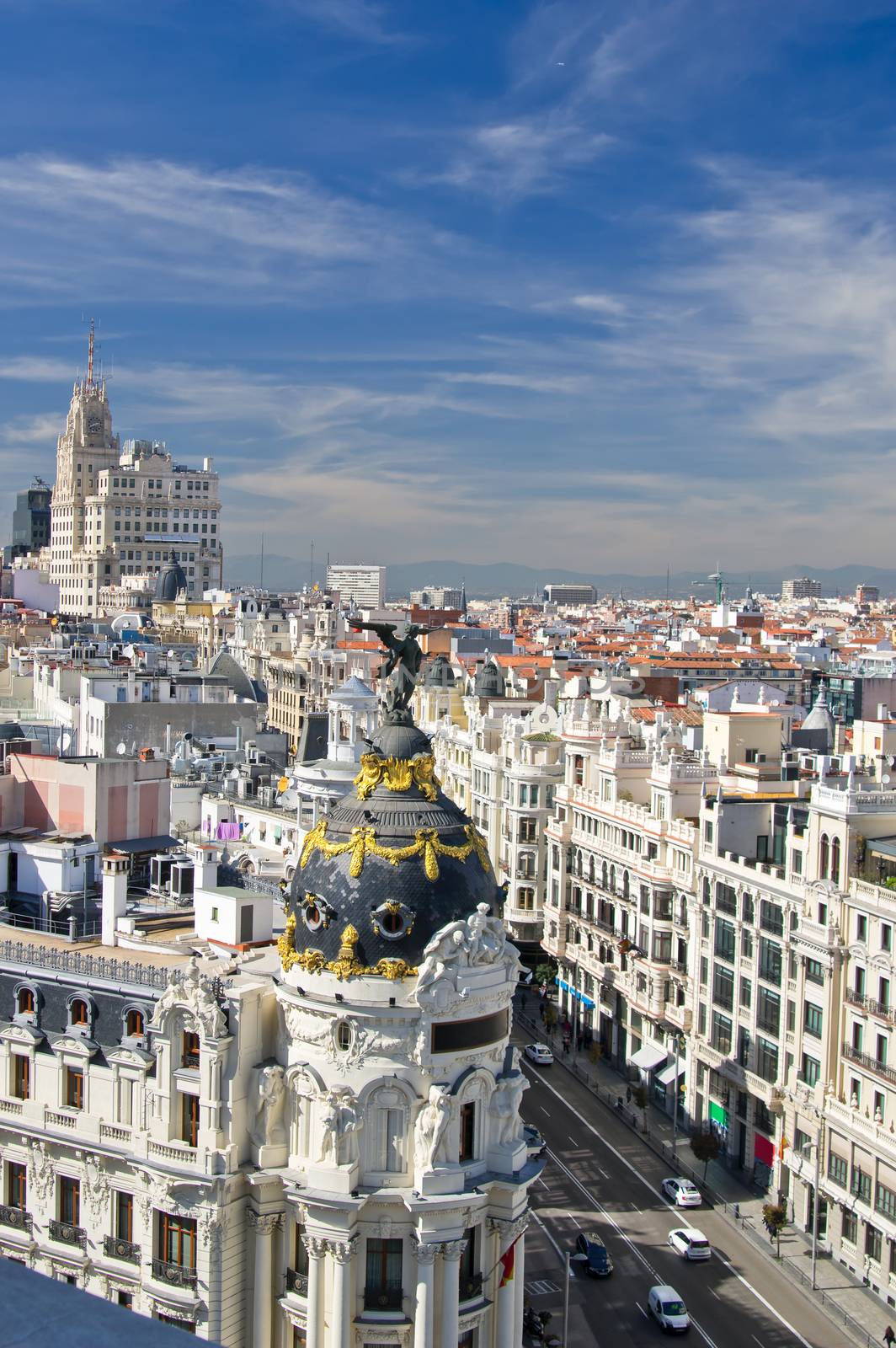 Aerial View of old city of Madrid and Calle Gran Via, Spain