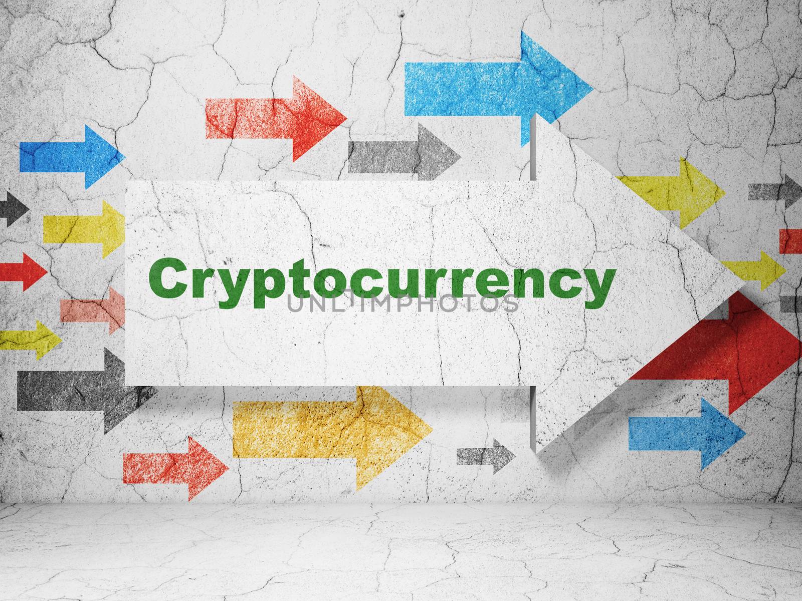 Money concept: arrow with Cryptocurrency on grunge wall background by maxkabakov