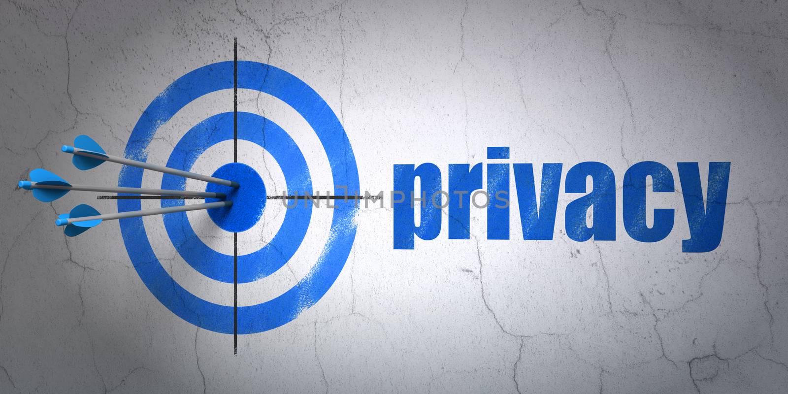 Success privacy concept: arrows hitting the center of target, Blue Privacy on wall background, 3D rendering