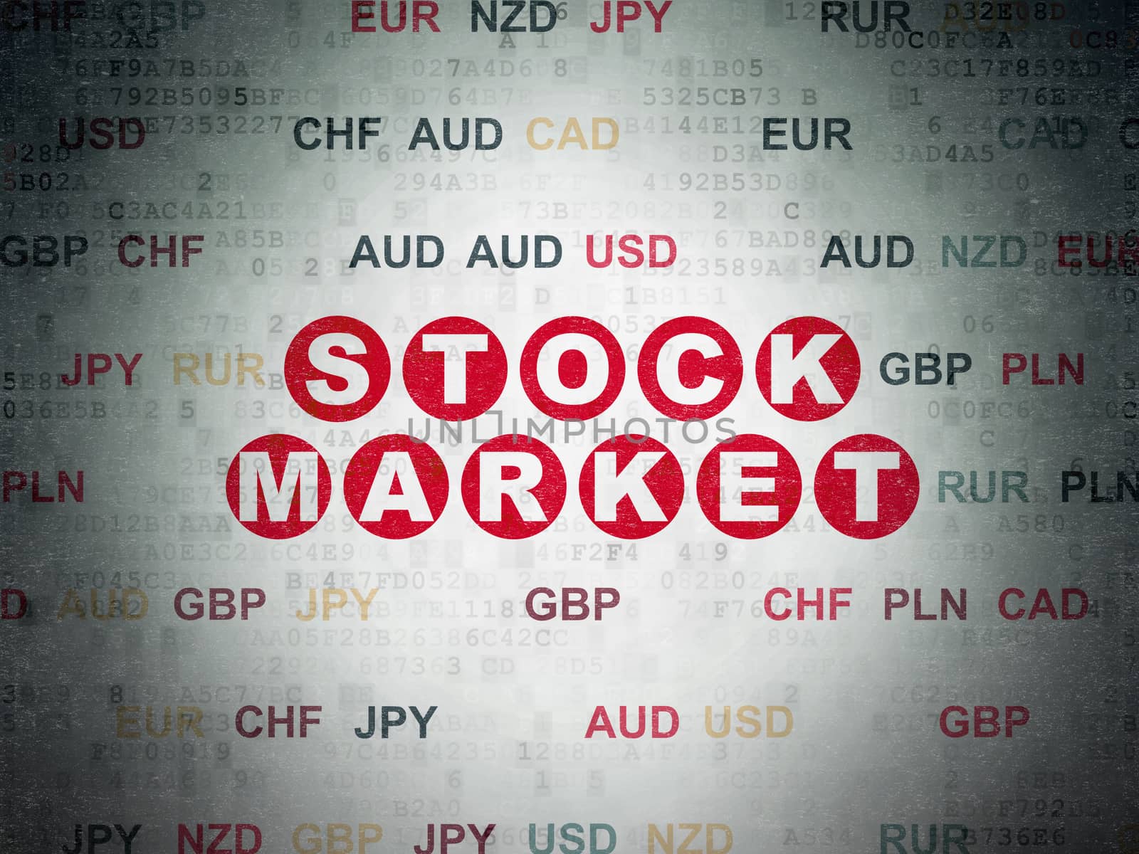 Business concept: Painted red text Stock Market on Digital Data Paper background with Currency
