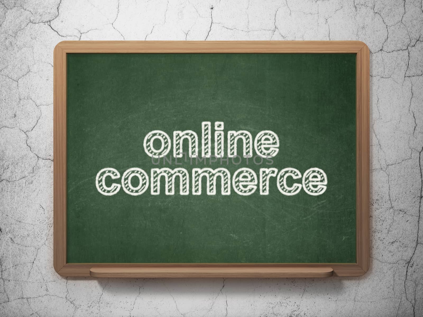 Business concept: text Online Commerce on Green chalkboard on grunge wall background, 3D rendering