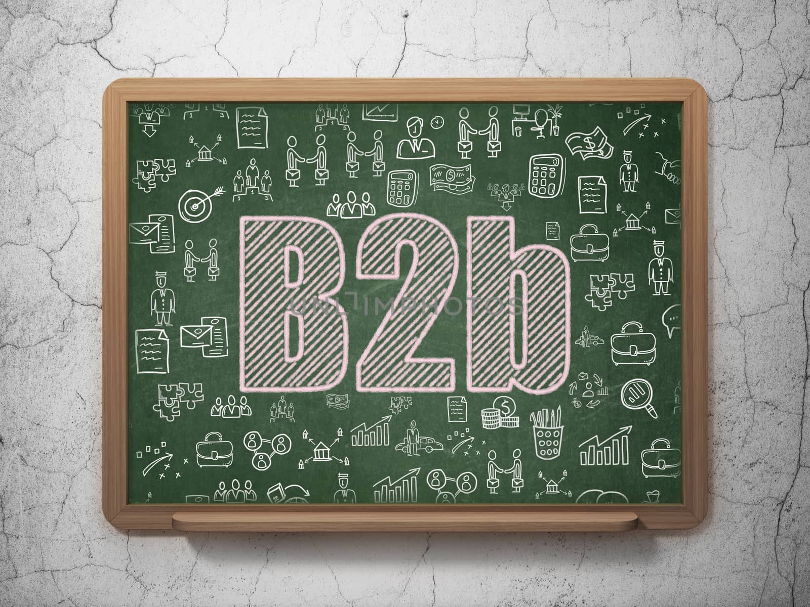 Business concept: Chalk Pink text B2b on School board background with  Hand Drawn Business Icons, 3D Rendering
