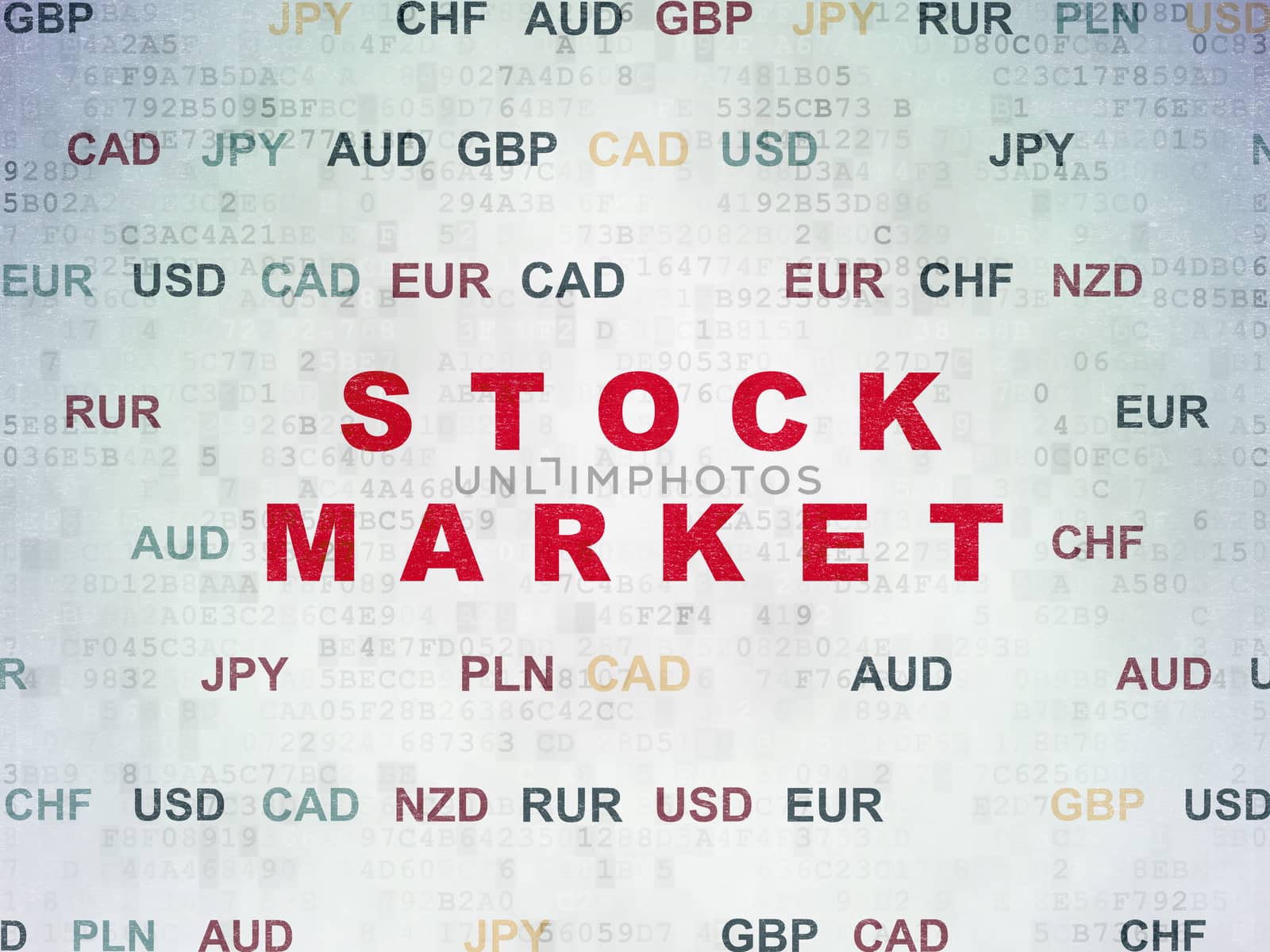 Business concept: Painted red text Stock Market on Digital Data Paper background with Currency