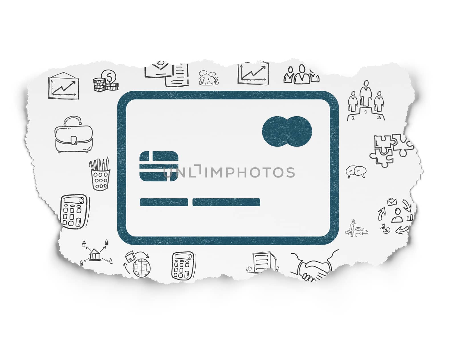 Business concept: Painted blue Credit Card icon on Torn Paper background with  Hand Drawn Business Icons