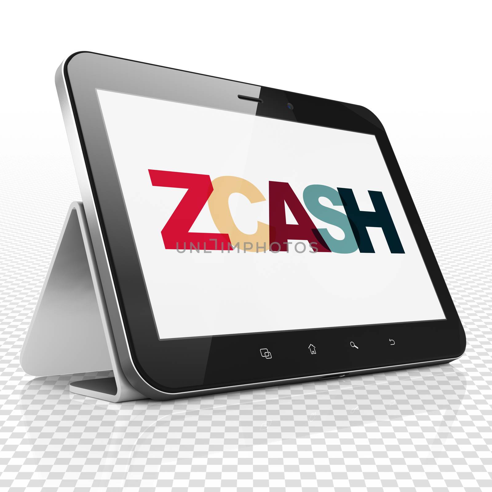 Cryptocurrency concept: Tablet Computer with Painted multicolor text Zcash on display, 3D rendering