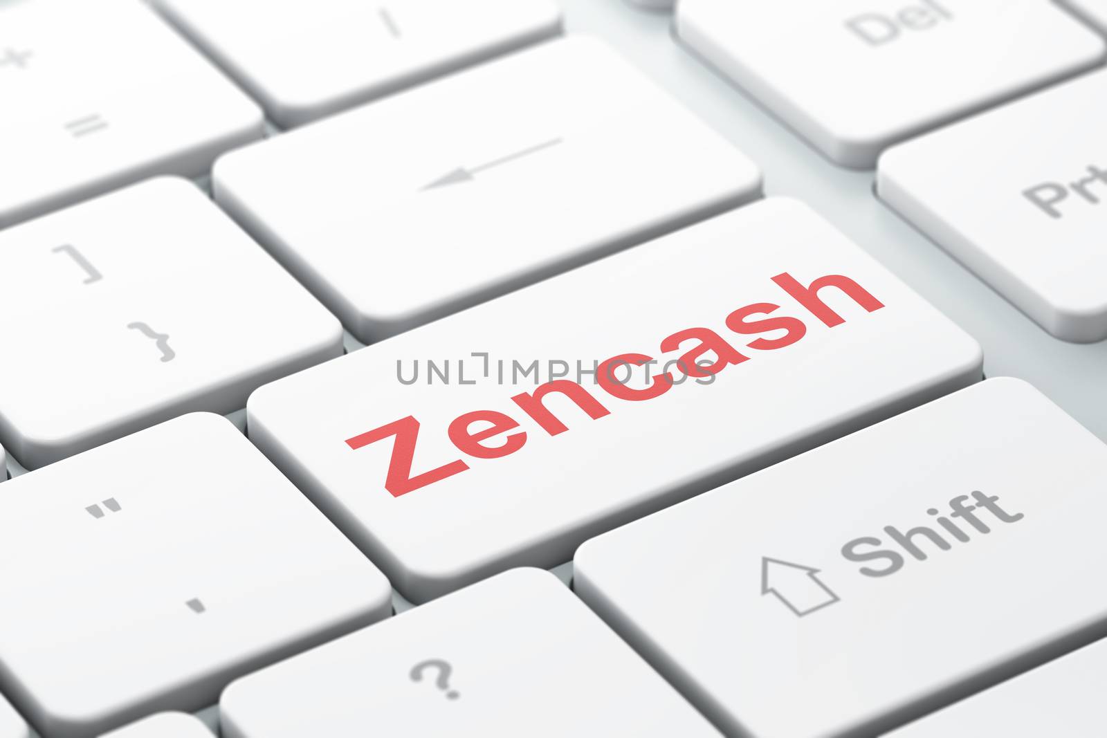 Blockchain concept: computer keyboard with word Zencash, selected focus on enter button background, 3D rendering