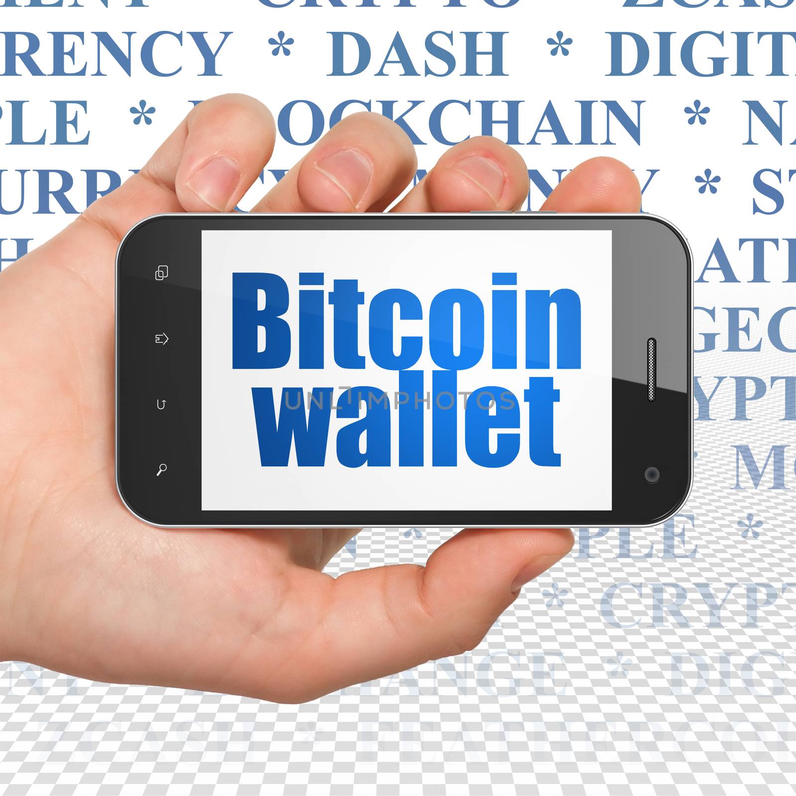 Blockchain concept: Hand Holding Smartphone with  blue text Bitcoin Wallet on display,  Tag Cloud background, 3D rendering