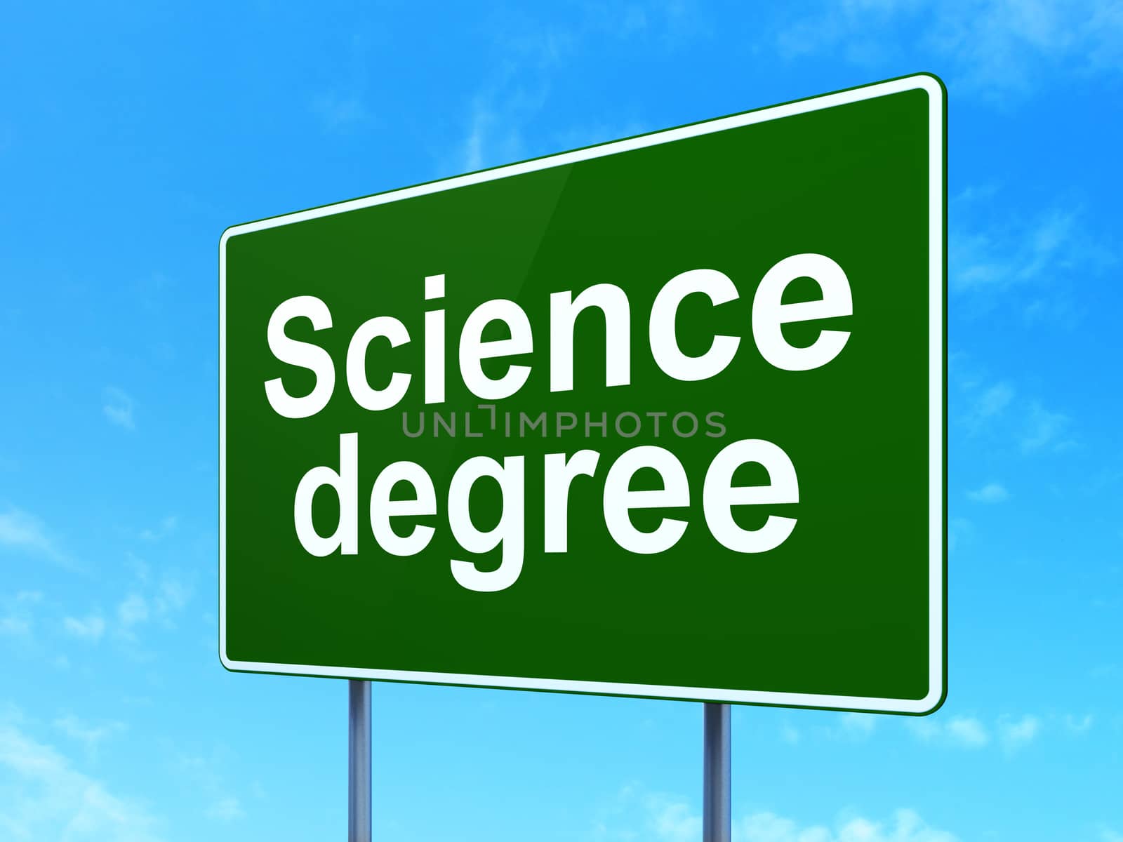 Science concept: Science Degree on green road highway sign, clear blue sky background, 3D rendering