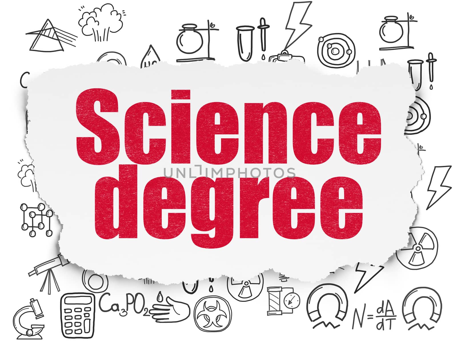 Science concept: Painted red text Science Degree on Torn Paper background with  Hand Drawn Science Icons