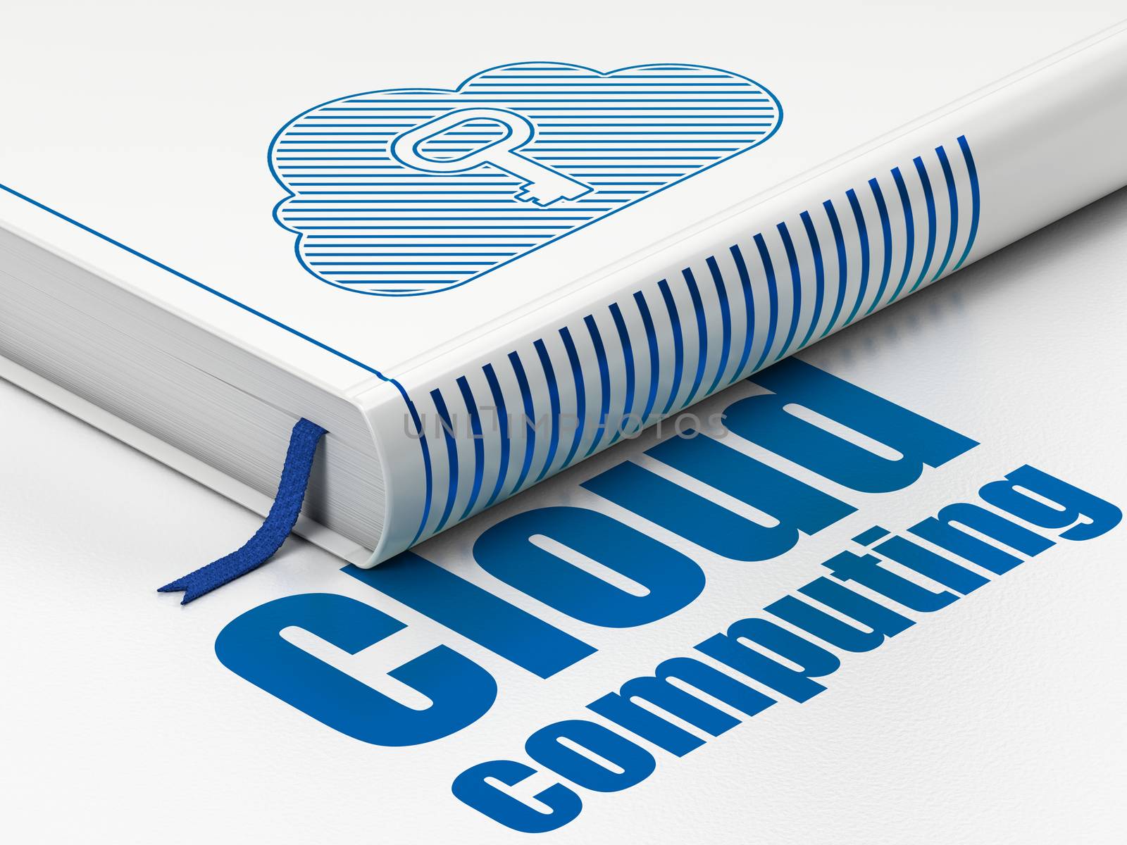 Cloud technology concept: closed book with Blue Cloud With Key icon and text Cloud Computing on floor, white background, 3D rendering