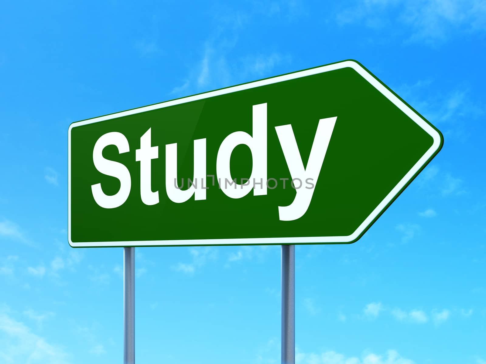 Learning concept: Study on green road highway sign, clear blue sky background, 3D rendering
