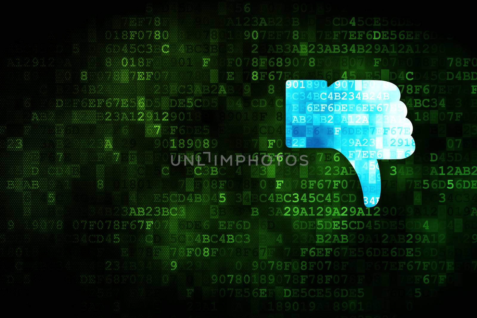 Social network concept: pixelated Thumb Down icon on digital background, empty copyspace for card, text, advertising