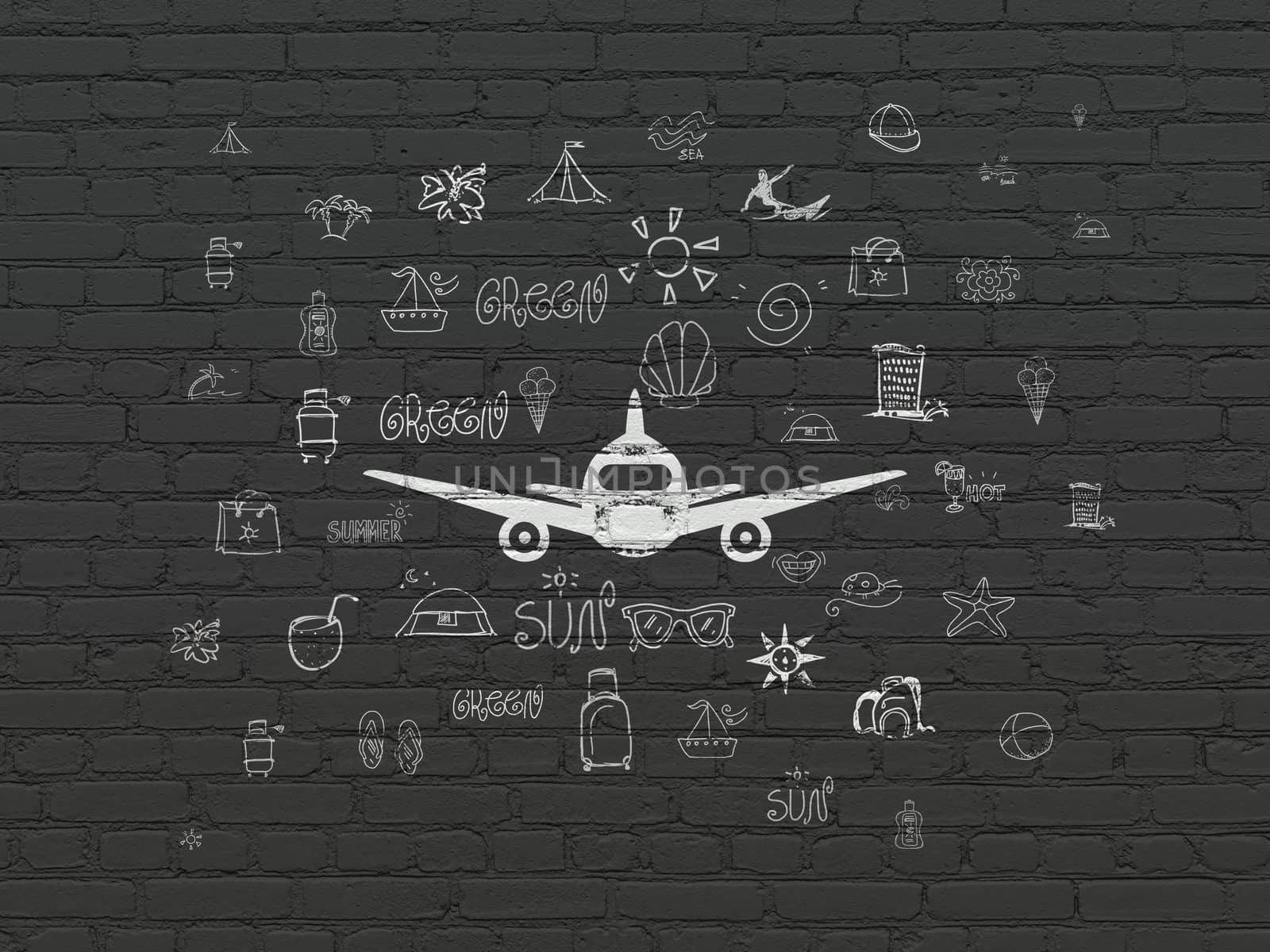 Travel concept: Painted white Aircraft icon on Black Brick wall background with  Hand Drawn Vacation Icons