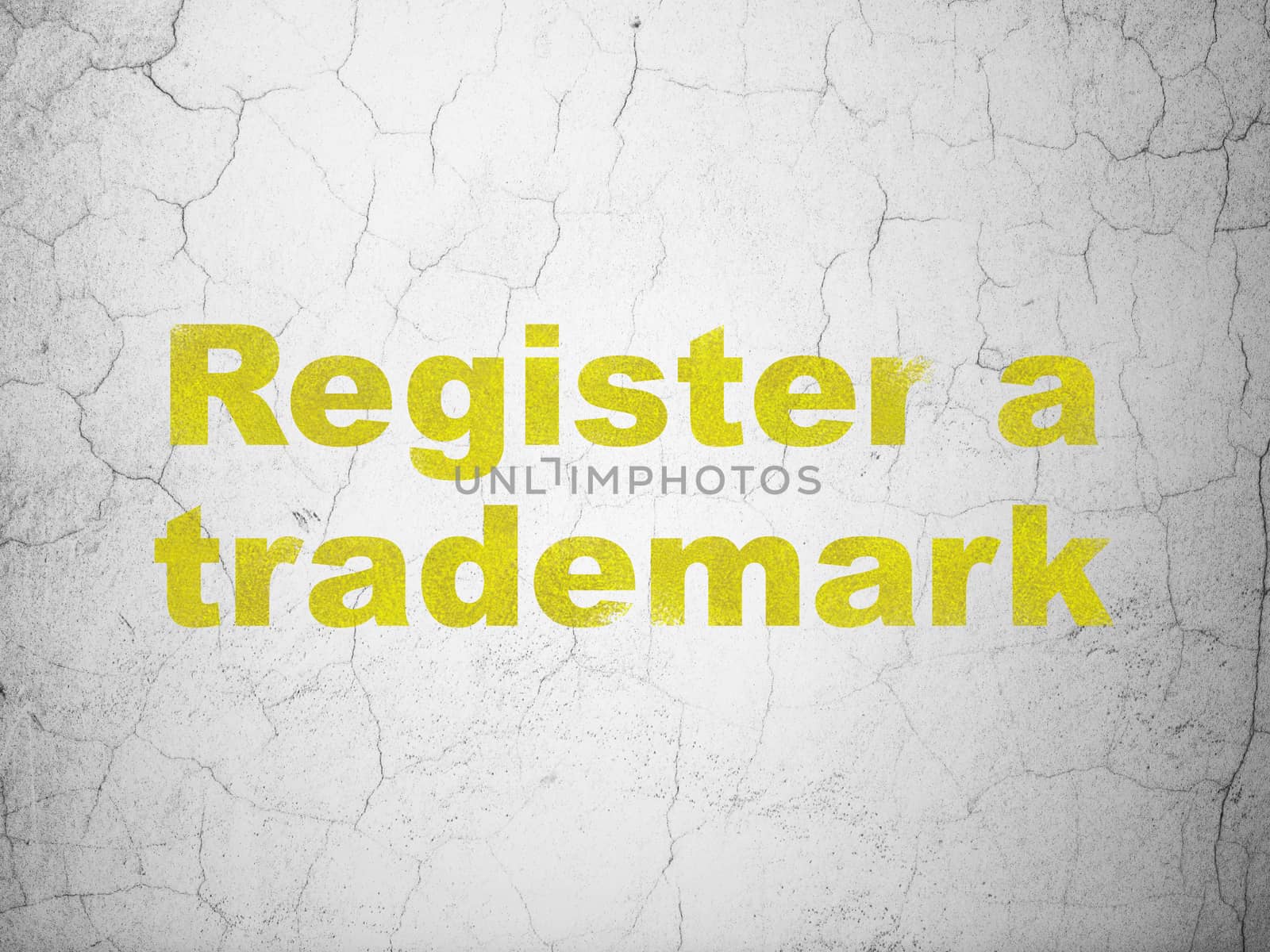 Law concept: Yellow Register A Trademark on textured concrete wall background