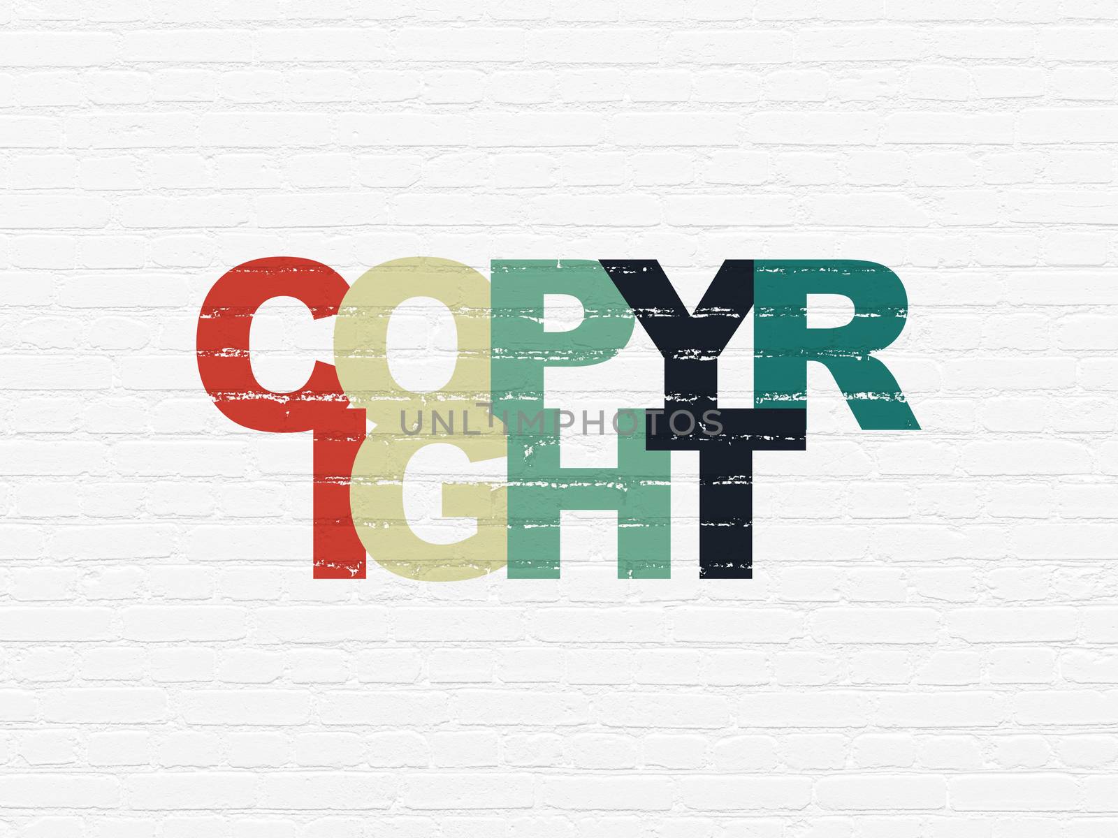 Law concept: Painted multicolor text Copyright on White Brick wall background