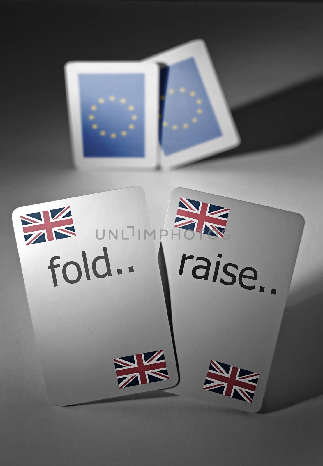 Playing cards marked with British flag and fold or raise choice
