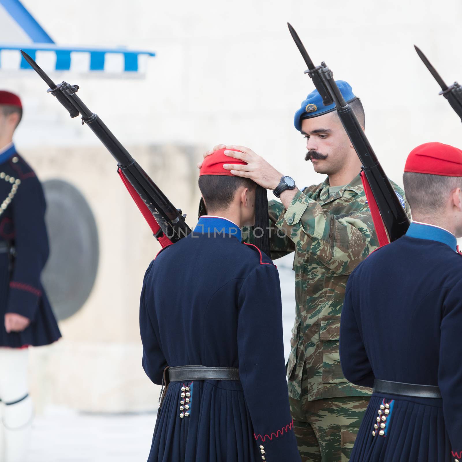 Athens, Greece - October 24, 2017: Evzones in front of the Tomb of the Unknown Soldier