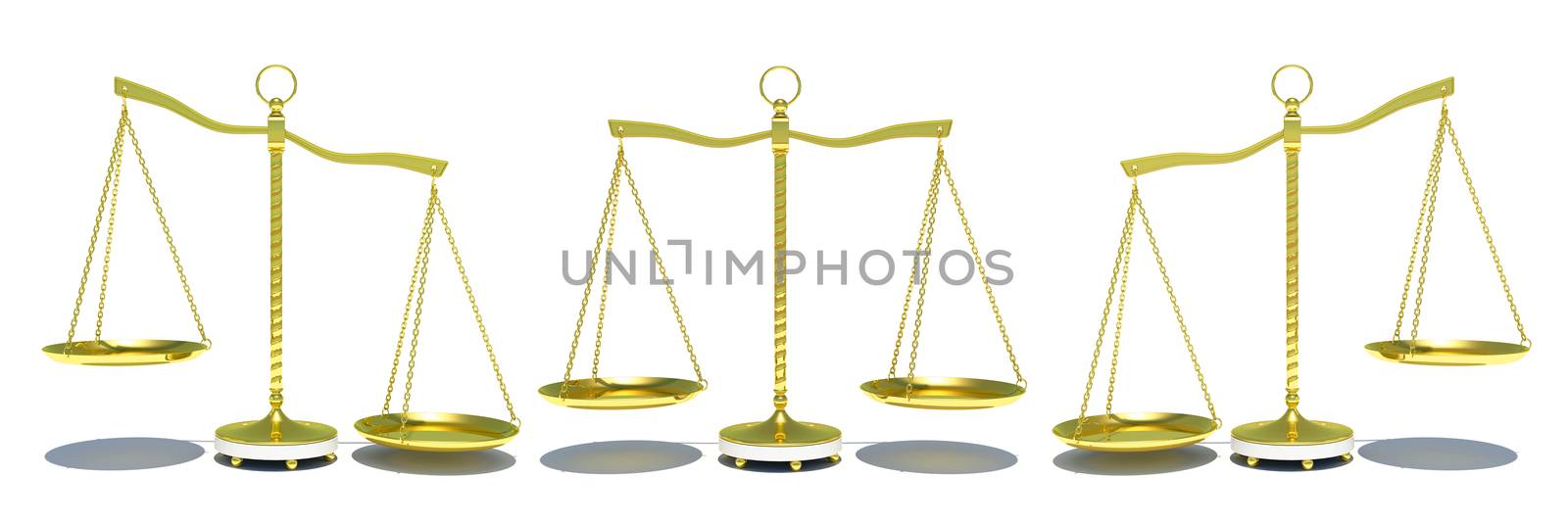 Set of gold balance scale, isolated on white background. 3d illustration