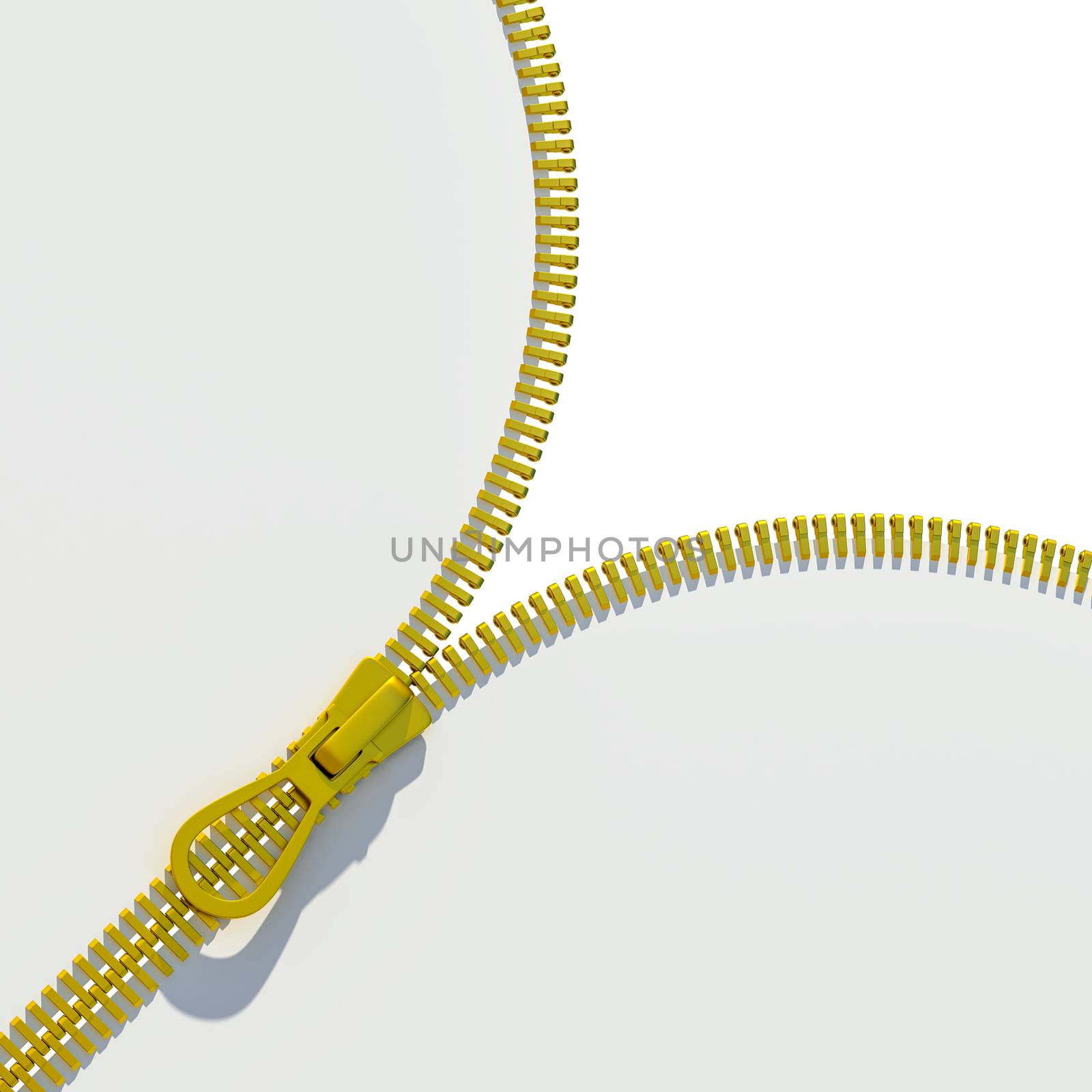 Opened zipper revealing a white background. 3d illustration