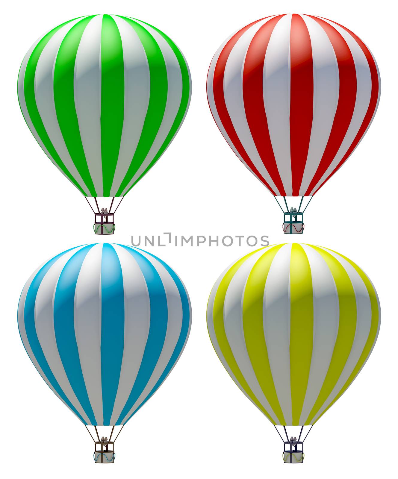 Colorful hot air balloons isolated on white background. 3d illustration