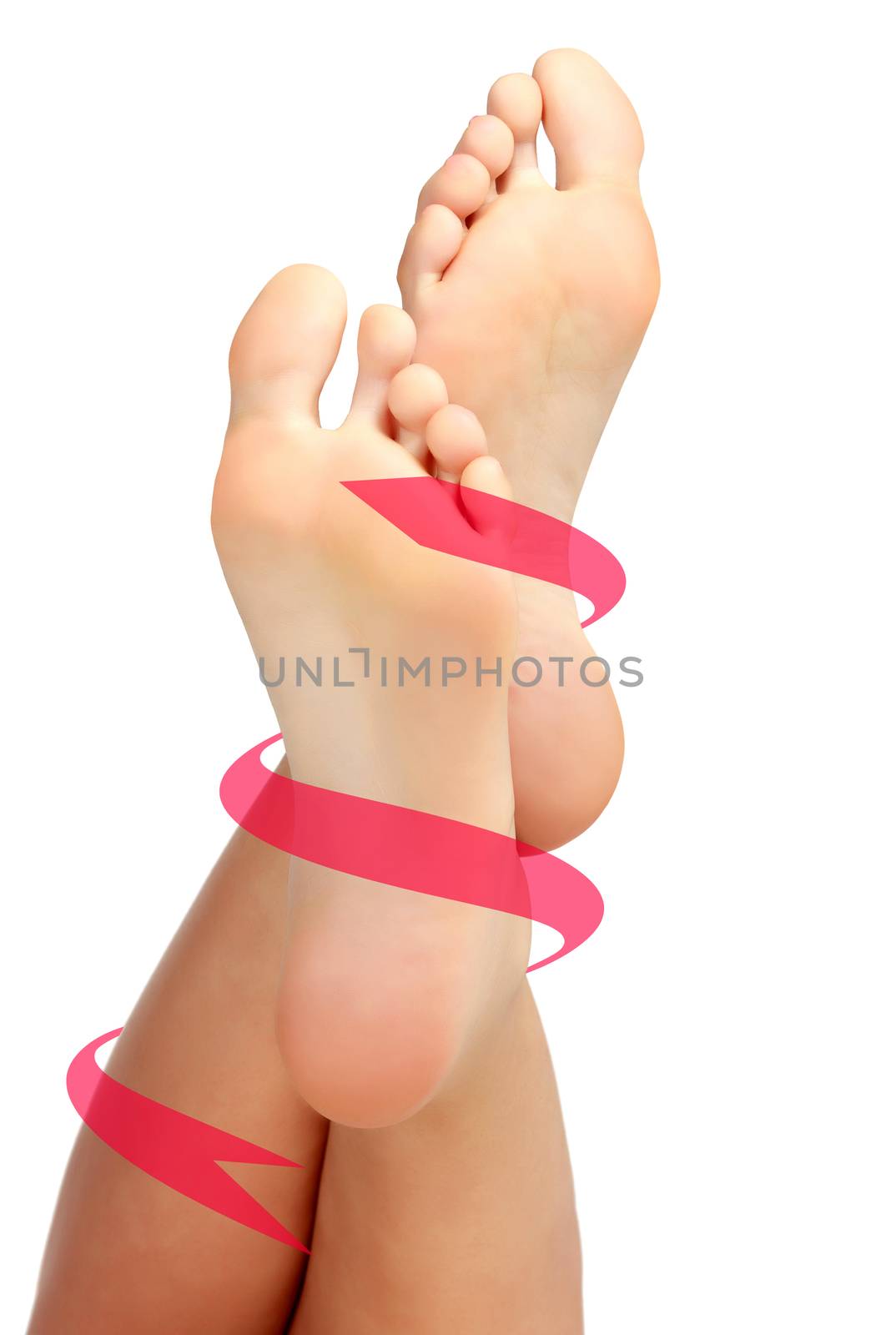 Female bare feet with blue arrows rotating around them, isolated by Nobilior