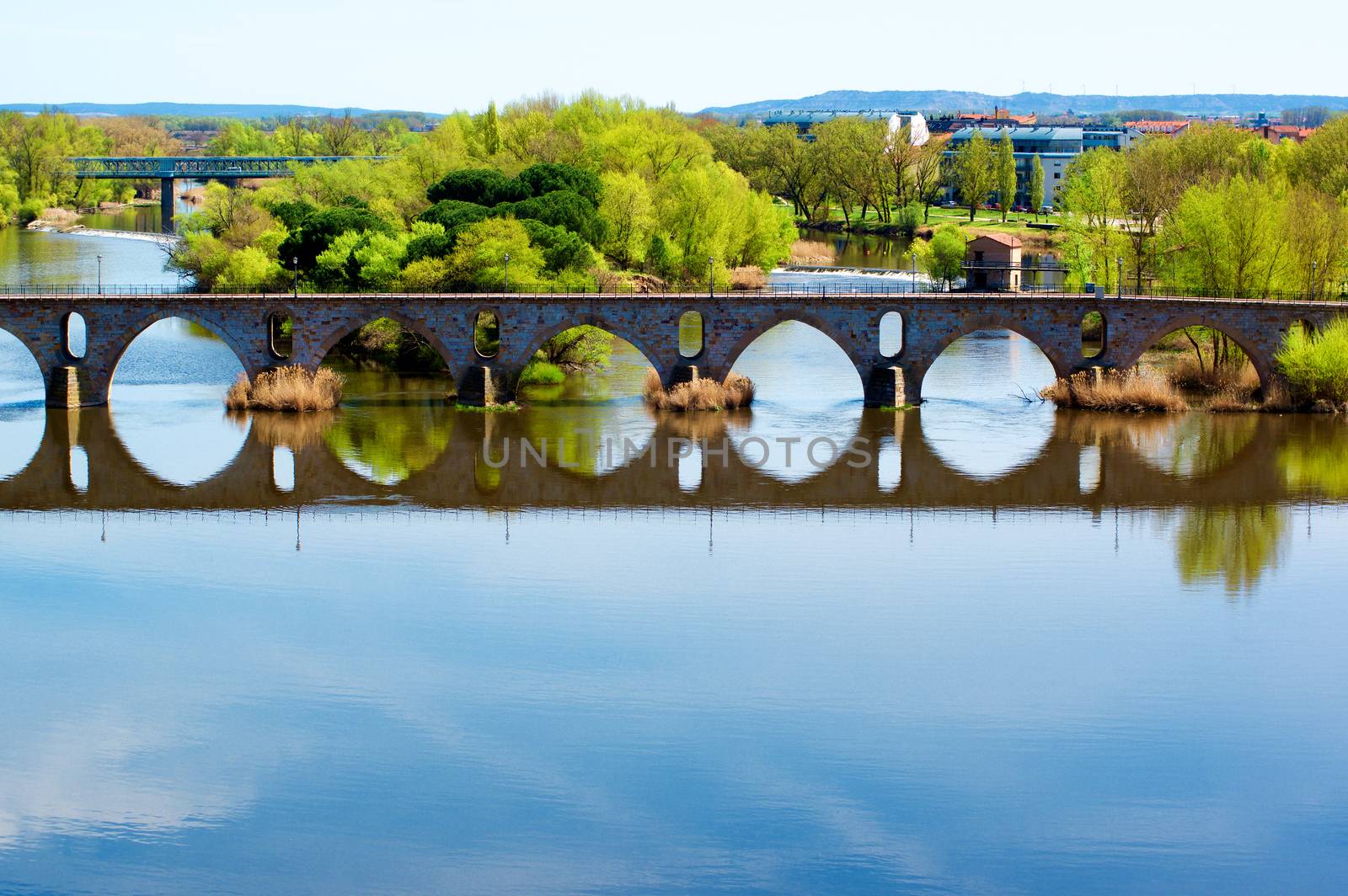 Bridge Puente de Piedra across River Douro with Water Reflection in Sunny Day on Cityscape background.  Zamora, Castilla and Leon, Spain