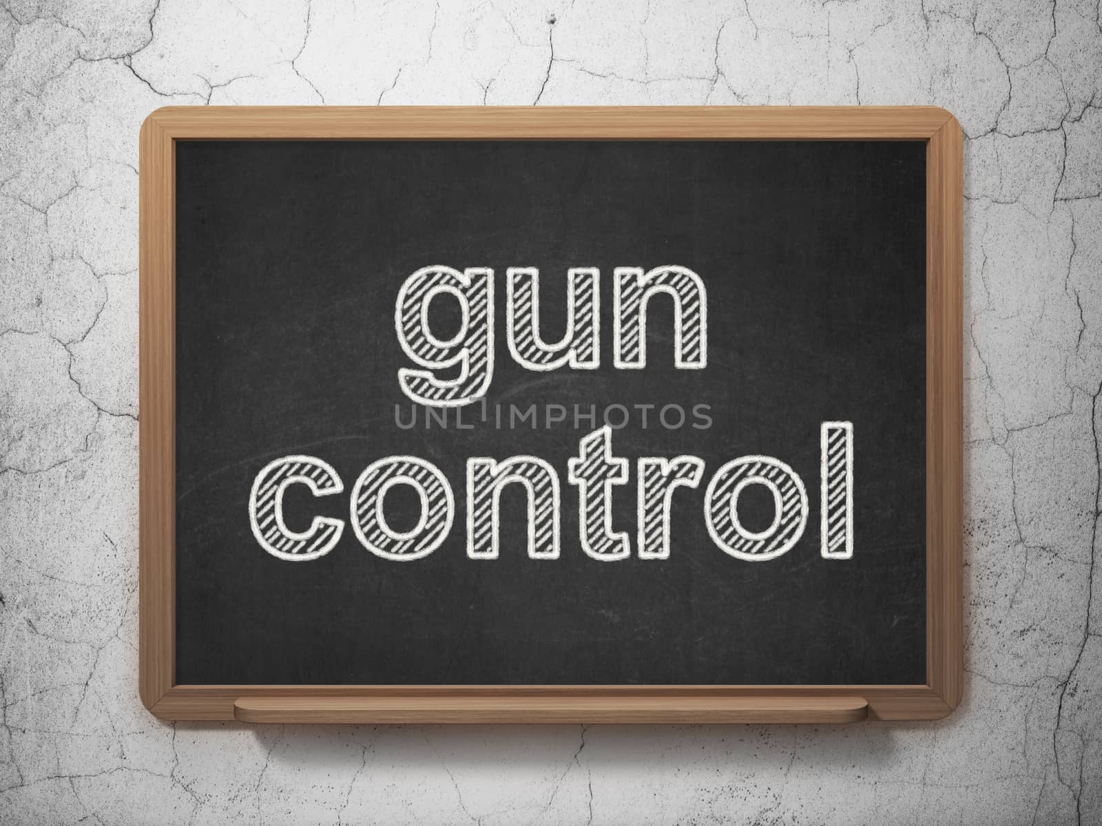 Privacy concept: text Gun Control on Black chalkboard on grunge wall background, 3D rendering