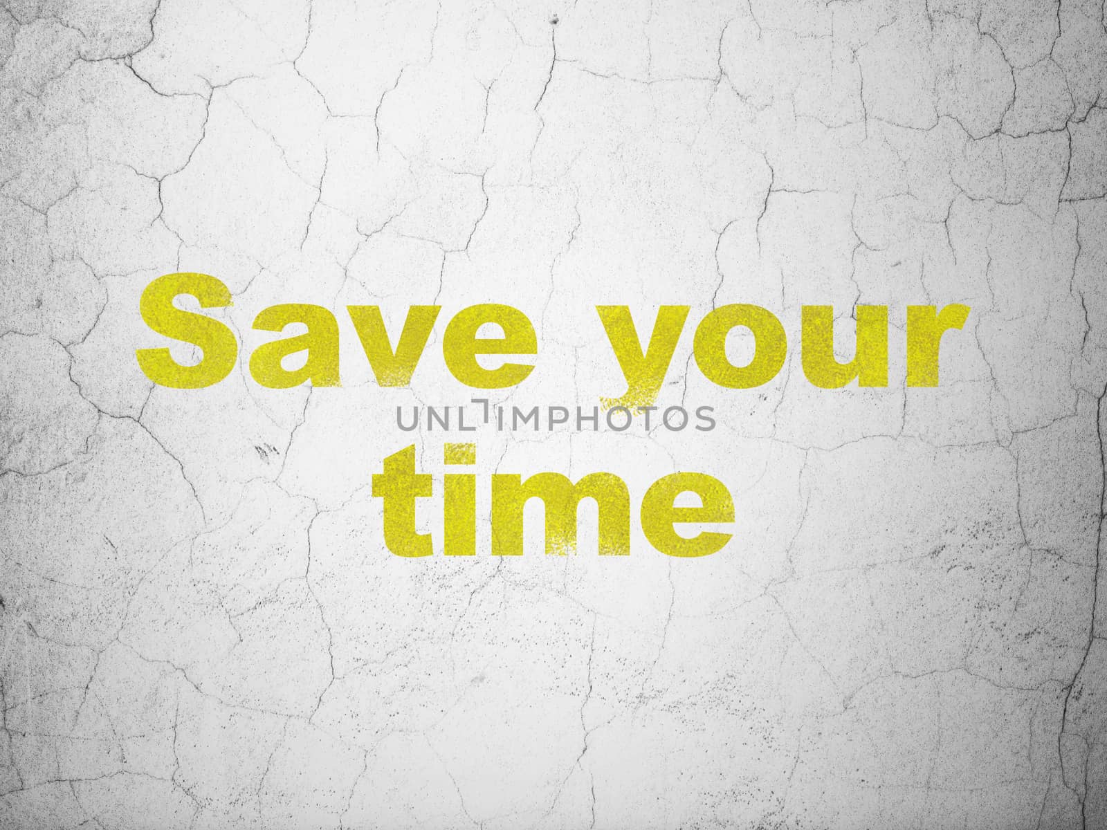 Timeline concept: Yellow Save Your Time on textured concrete wall background