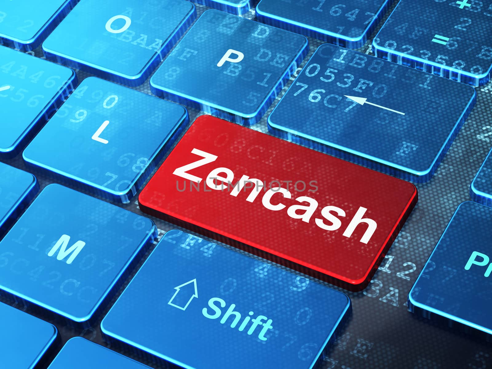 Blockchain concept: computer keyboard with word Zencash on enter button background, 3D rendering