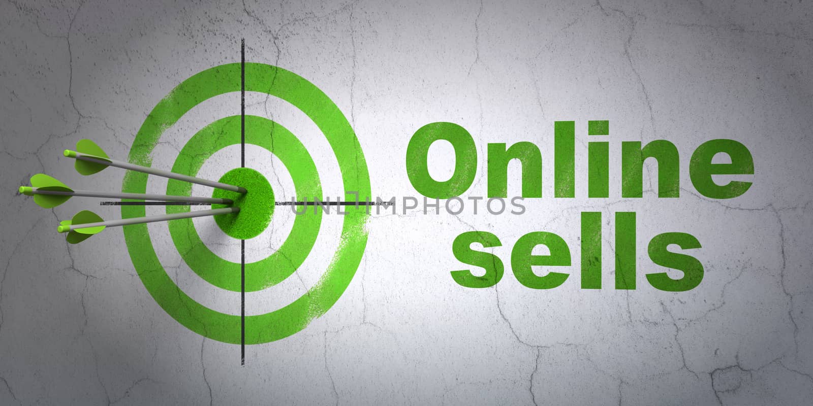 Success advertising concept: arrows hitting the center of target, Green Online Sells on wall background, 3D rendering