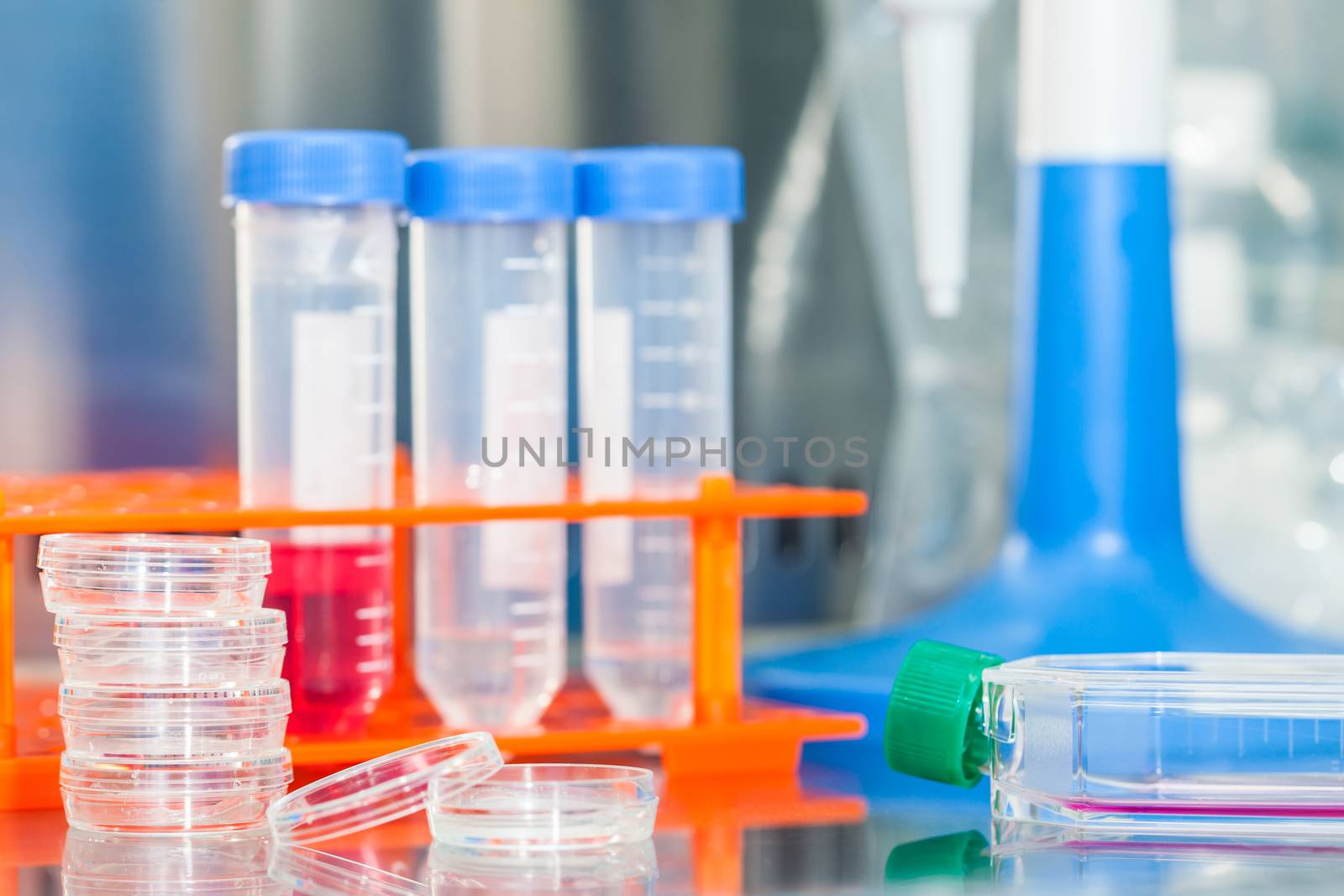 Laboratory materials in a safety laminar air flow cabinet at laboratory