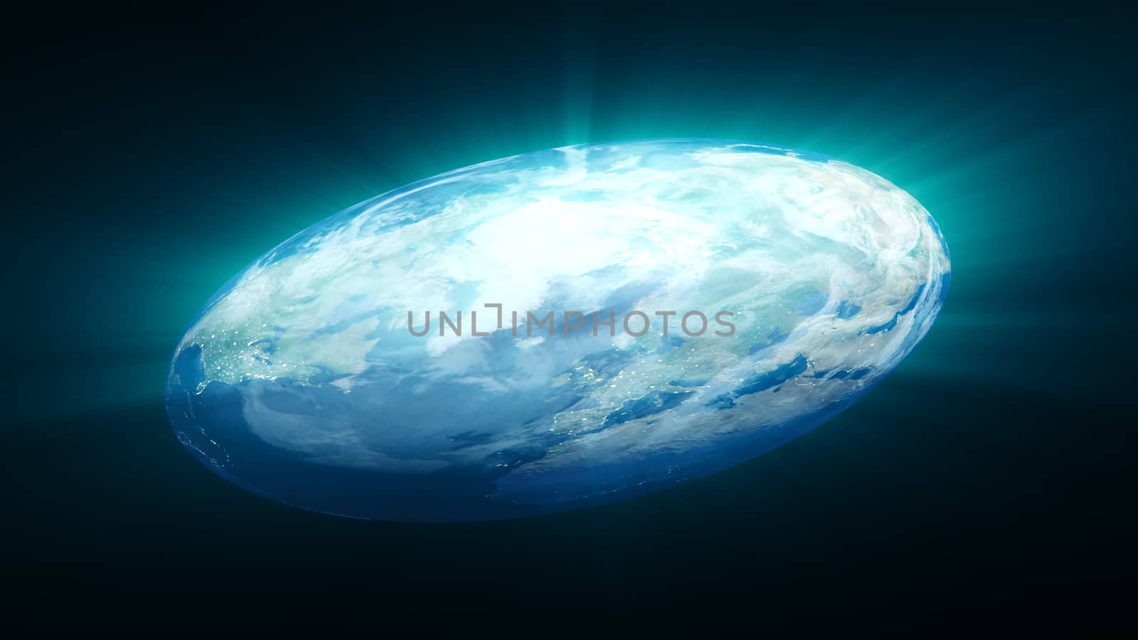 Flat Earth on black background. Digital illustration. 3d rendering