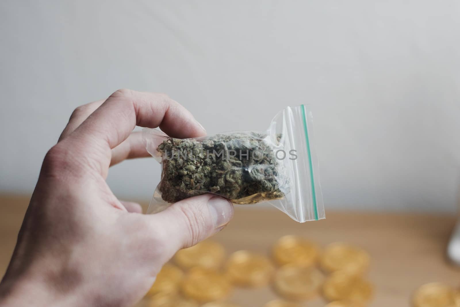 Green dry marijuana in man hand on the blurry background. Weed concept.