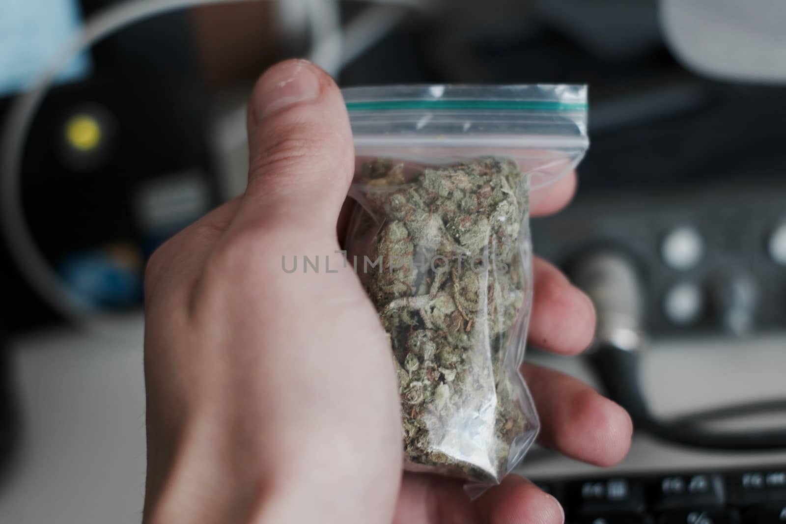 Green dry marijuana in man hand on the blurry background. Weed concept.