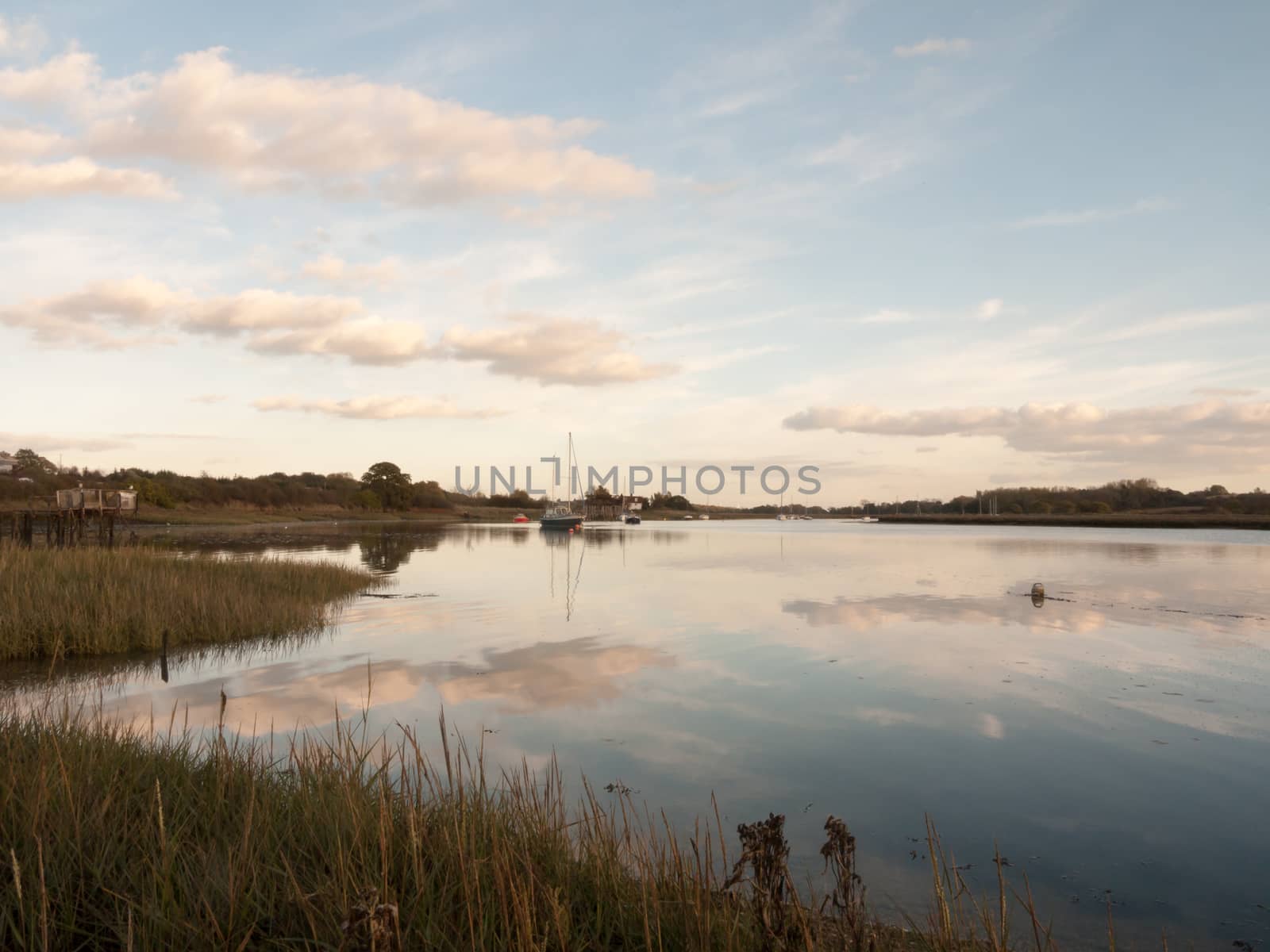 boats in harbour masts landscape river lake water surface clear; essex; england; uk