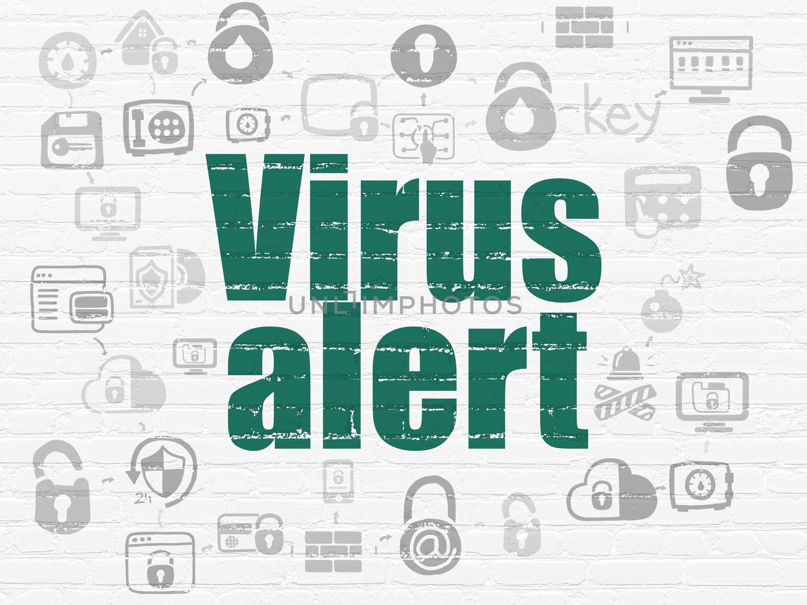 Security concept: Painted green text Virus Alert on White Brick wall background with Scheme Of Hand Drawn Security Icons