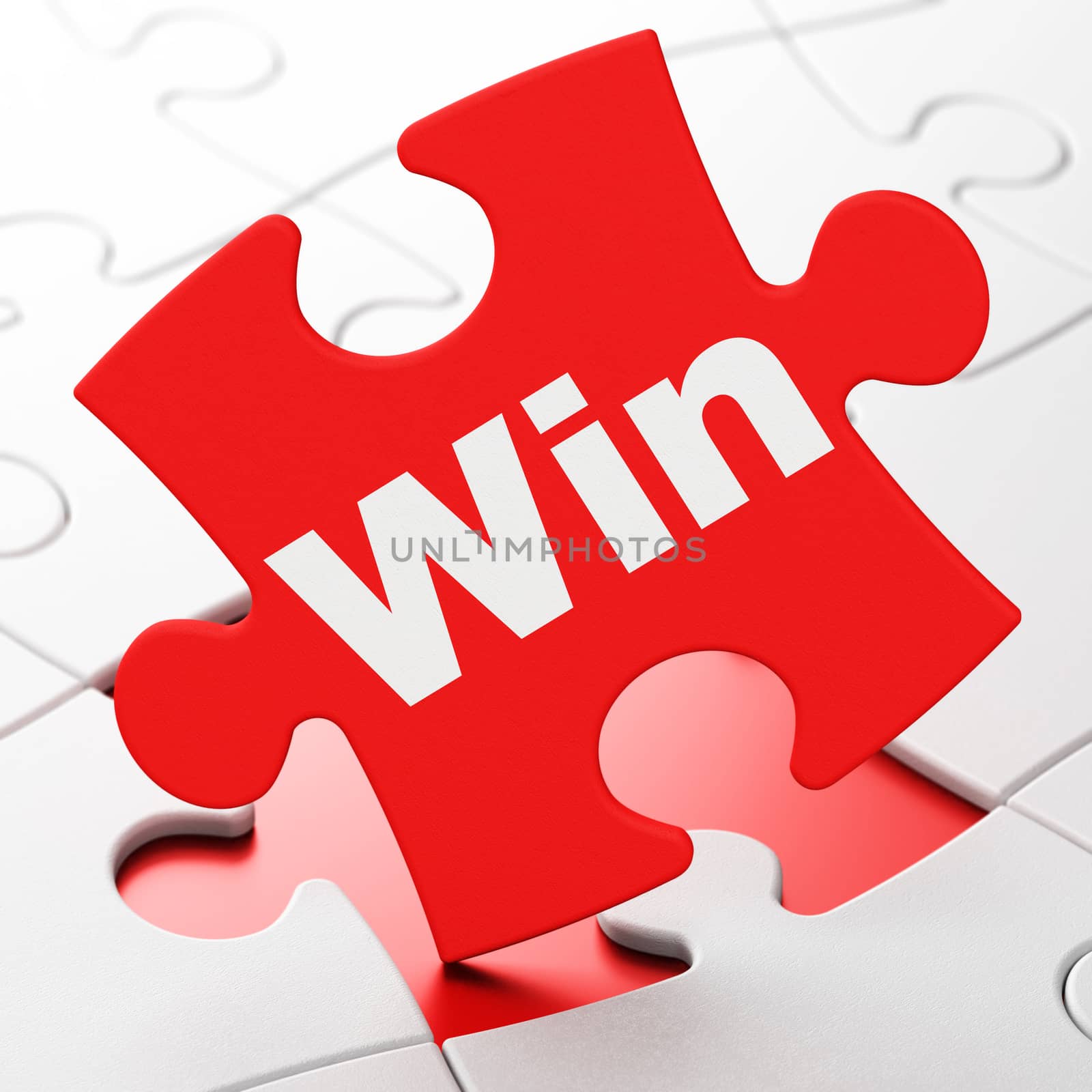 Business concept: Win on Red puzzle pieces background, 3D rendering