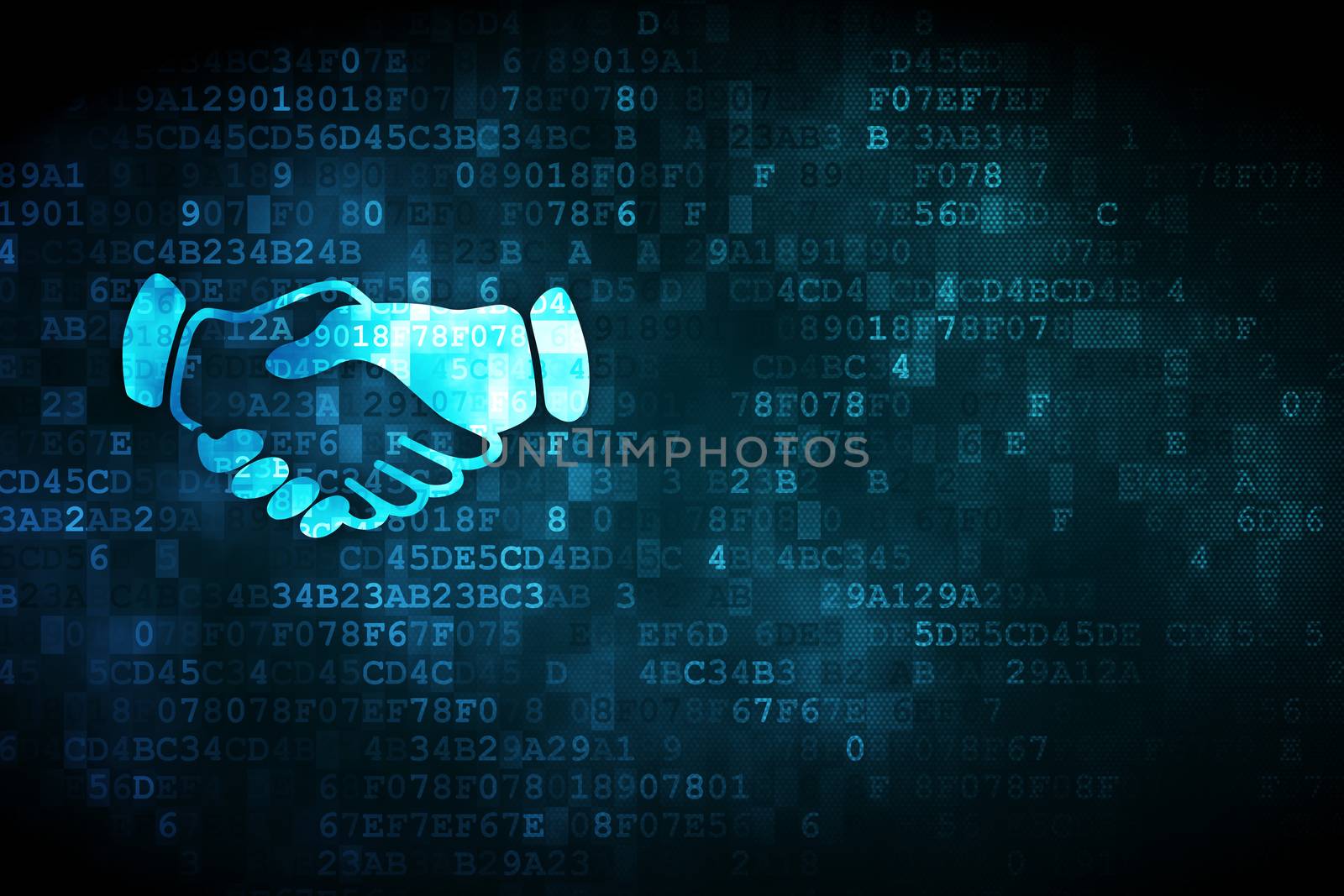 Finance concept: pixelated Handshake icon on digital background, empty copyspace for card, text, advertising