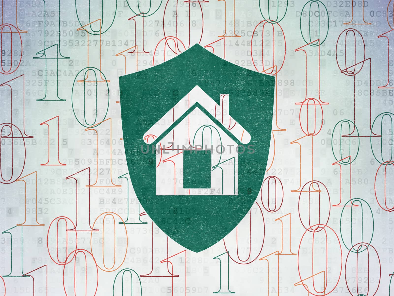 Business concept: Painted green Shield icon on Digital Data Paper background with  Binary Code
