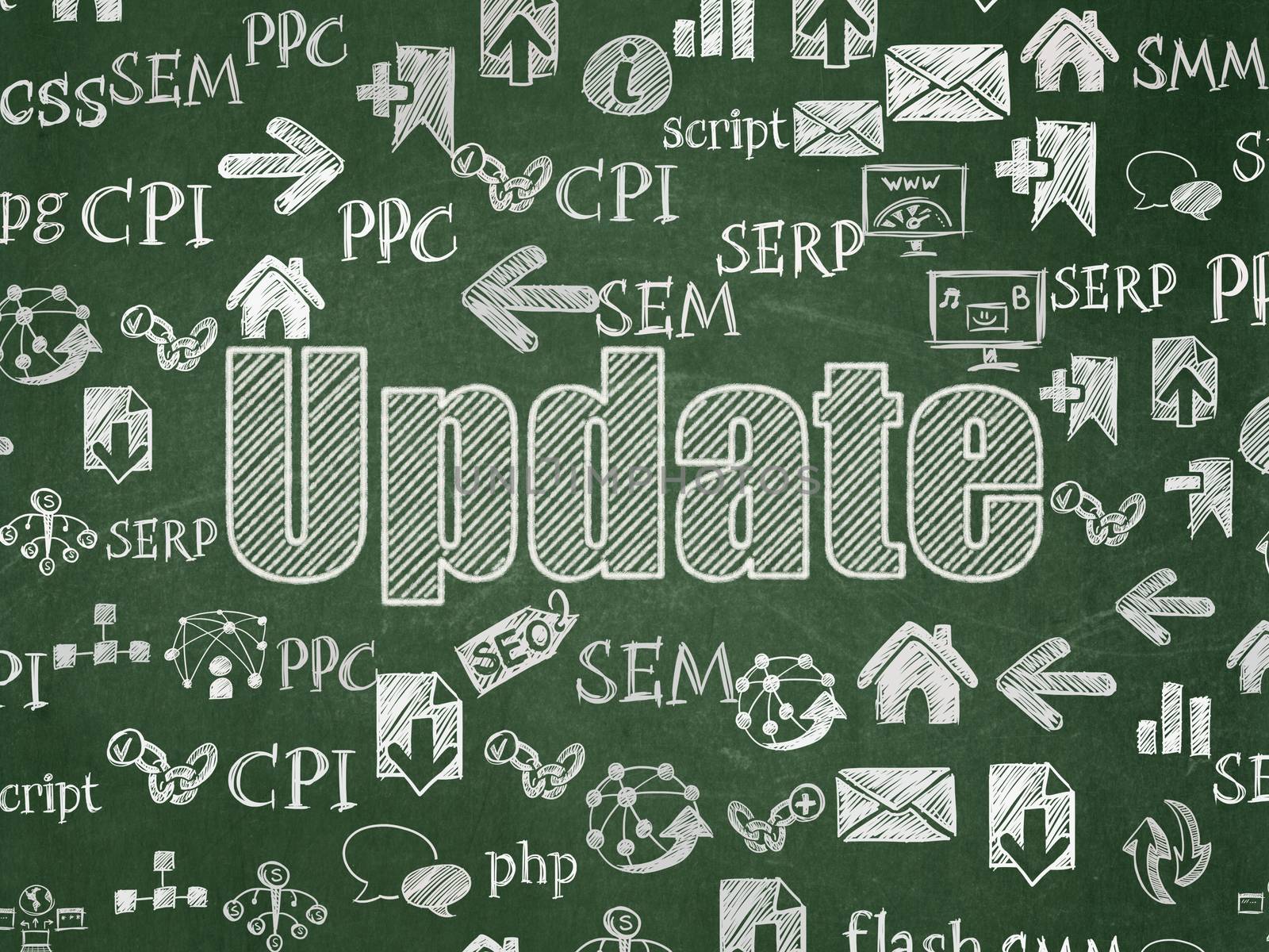 Web development concept: Chalk White text Update on School board background with  Hand Drawn Site Development Icons, School Board
