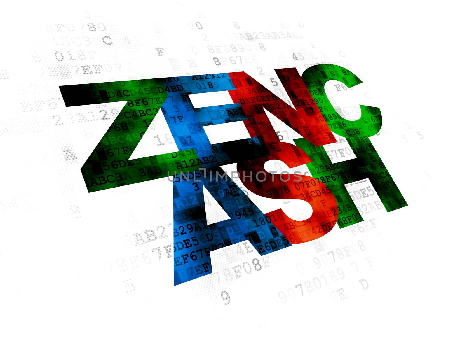 Cryptocurrency concept: Pixelated multicolor text Zencash on Digital background