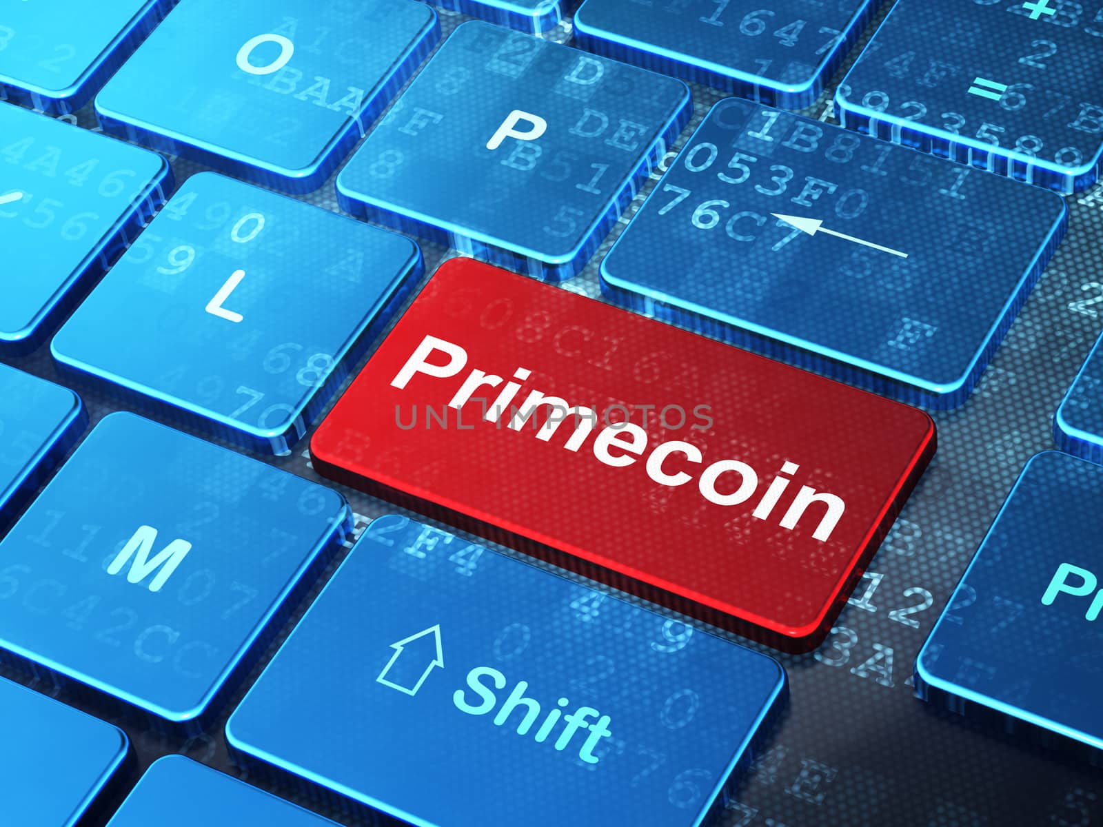 Blockchain concept: computer keyboard with word Primecoin on enter button background, 3D rendering
