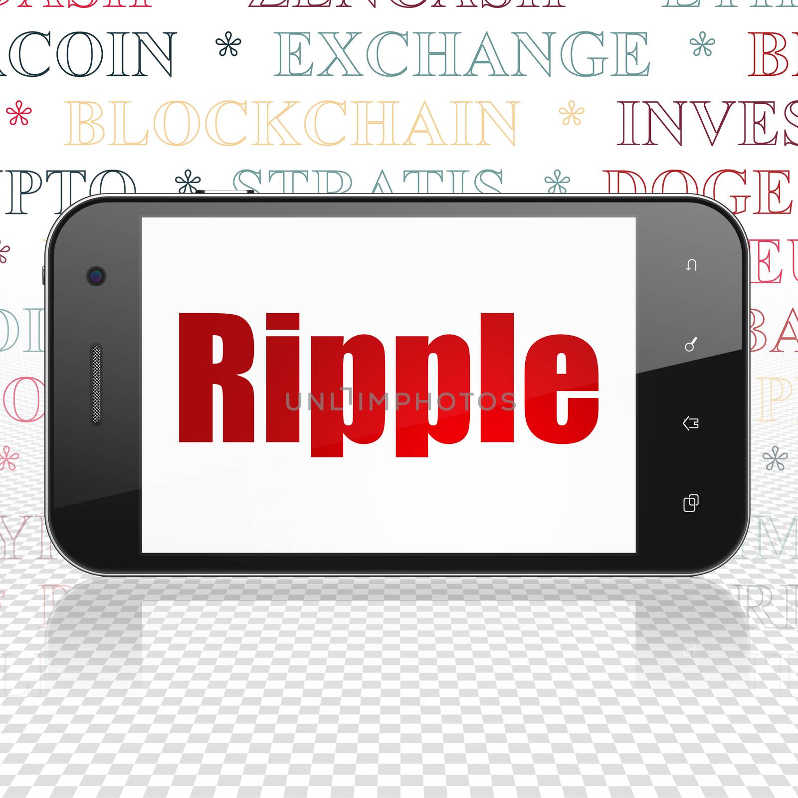 Blockchain concept: Smartphone with  red text Ripple on display,  Tag Cloud background, 3D rendering