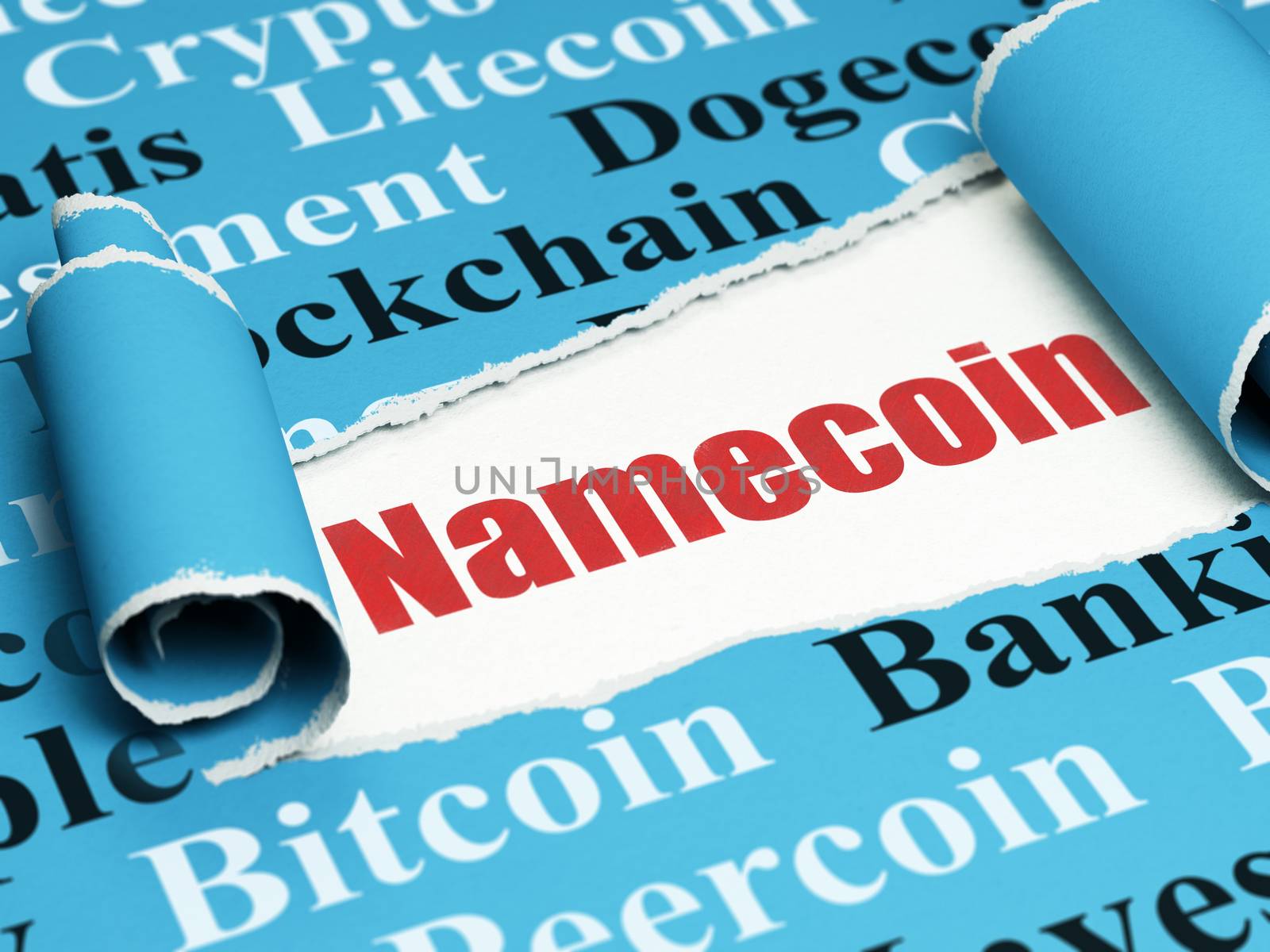 Blockchain concept: red text Namecoin under the curled piece of Blue torn paper with  Tag Cloud, 3D rendering