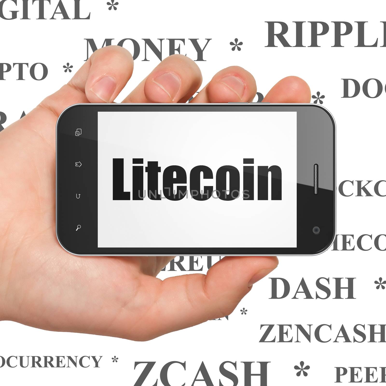 Blockchain concept: Hand Holding Smartphone with Litecoin on display by maxkabakov