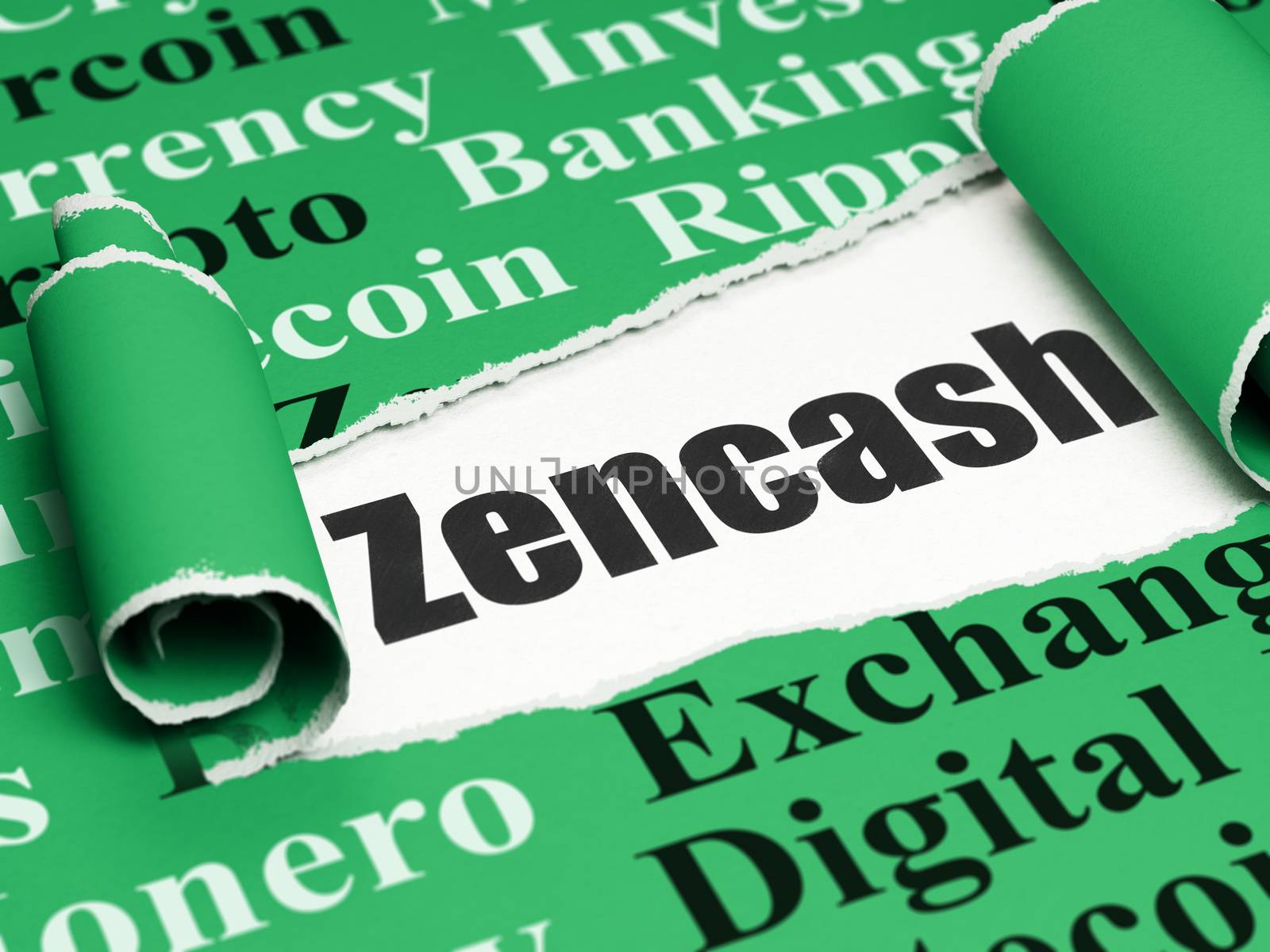 Blockchain concept: black text Zencash under the curled piece of Green torn paper with  Tag Cloud, 3D rendering
