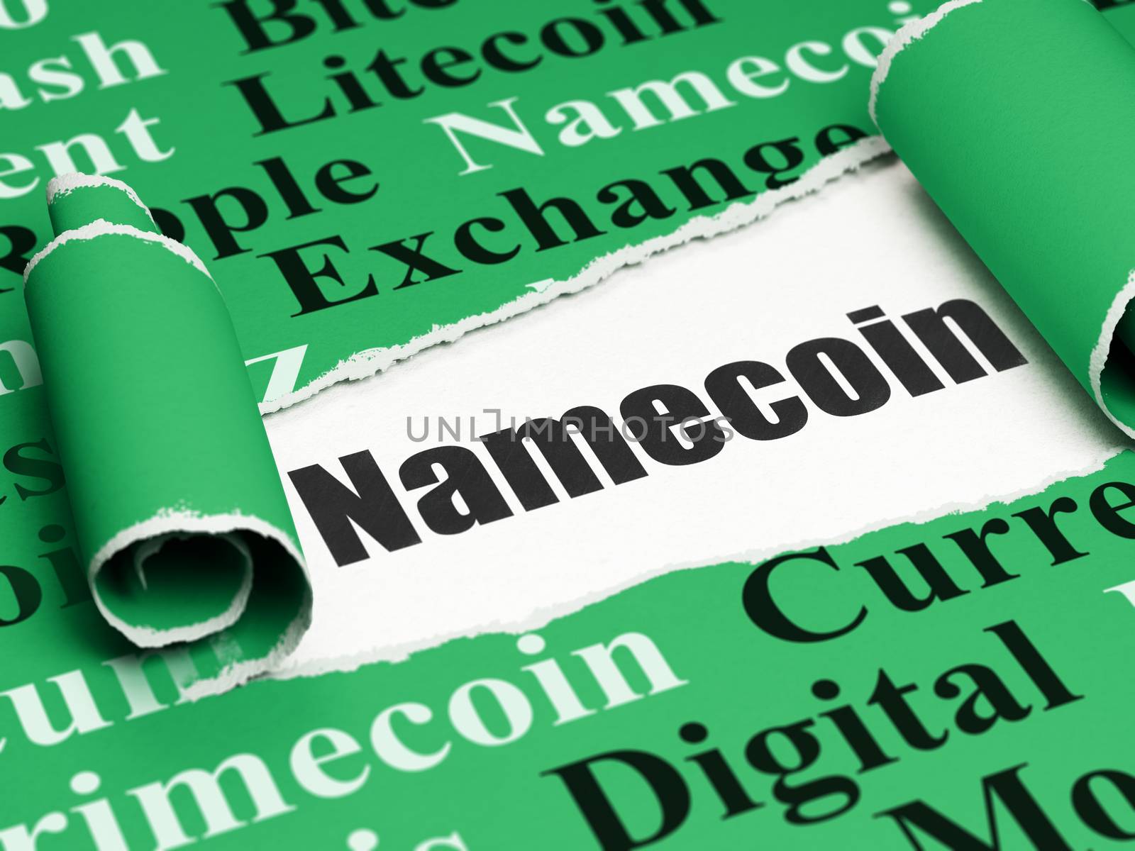Blockchain concept: black text Namecoin under the curled piece of Green torn paper with  Tag Cloud, 3D rendering
