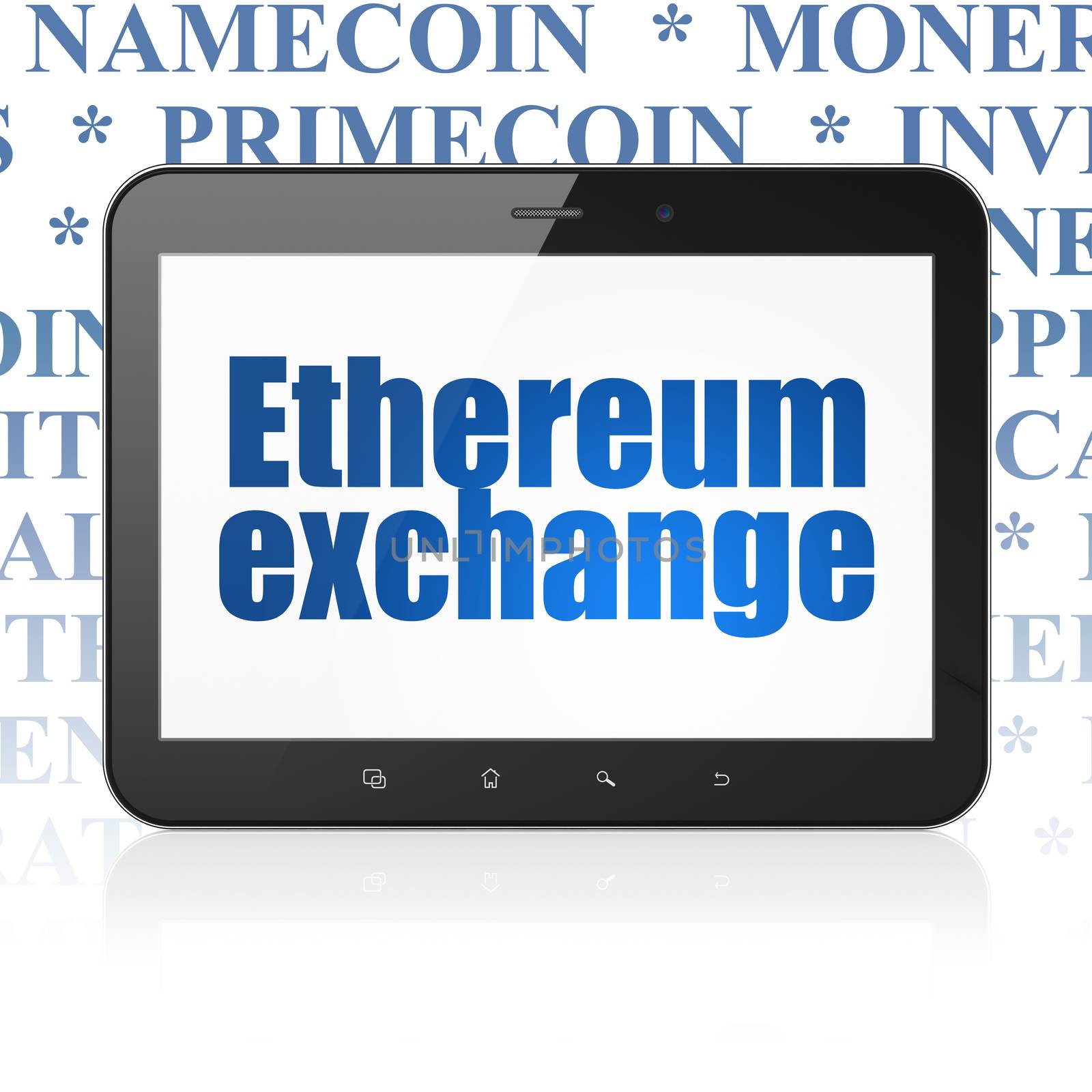 Cryptocurrency concept: Tablet Computer with  blue text Ethereum Exchange on display,  Tag Cloud background, 3D rendering