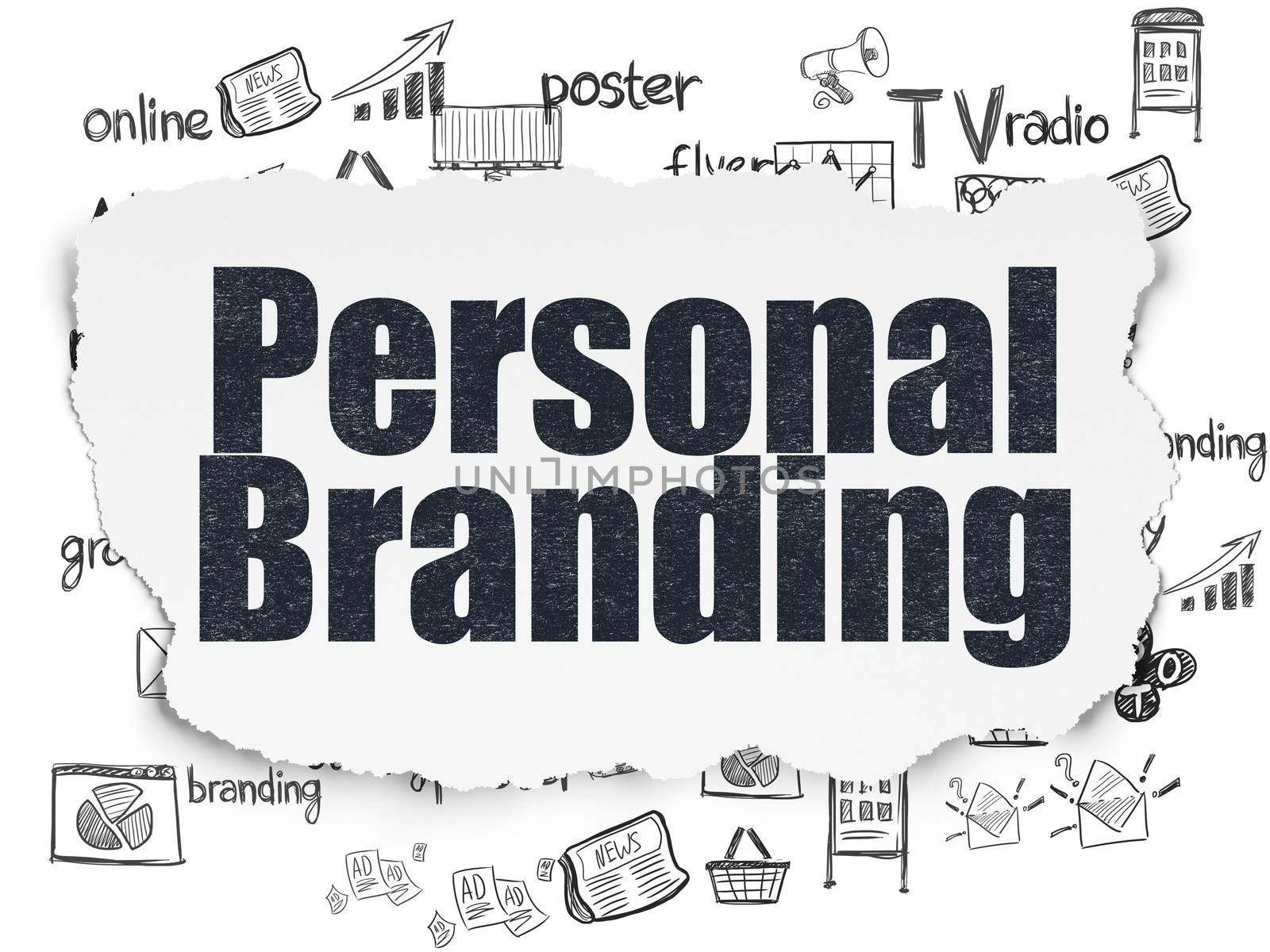 Marketing concept: Painted black text Personal Branding on Torn Paper background with  Hand Drawn Marketing Icons
